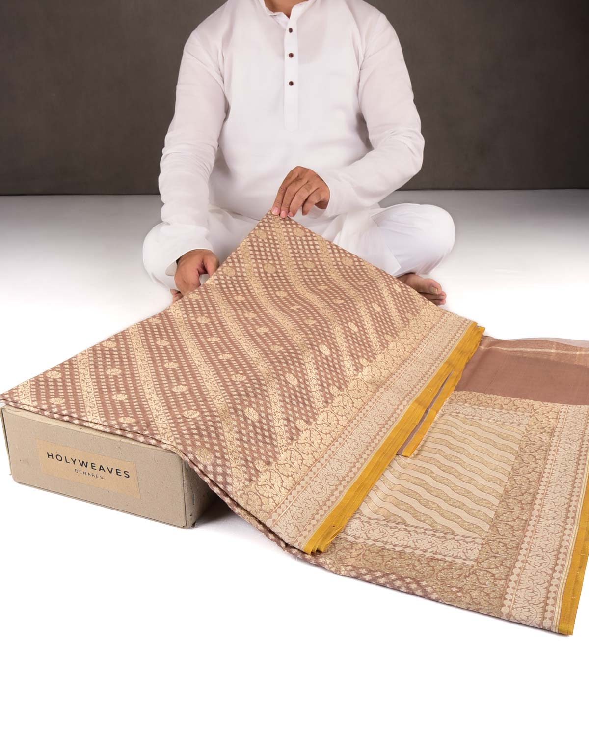 Brown Gold Zari & Resham Aada Jaal Cutwork Brocade Woven Cotton Silk Banarasi Saree