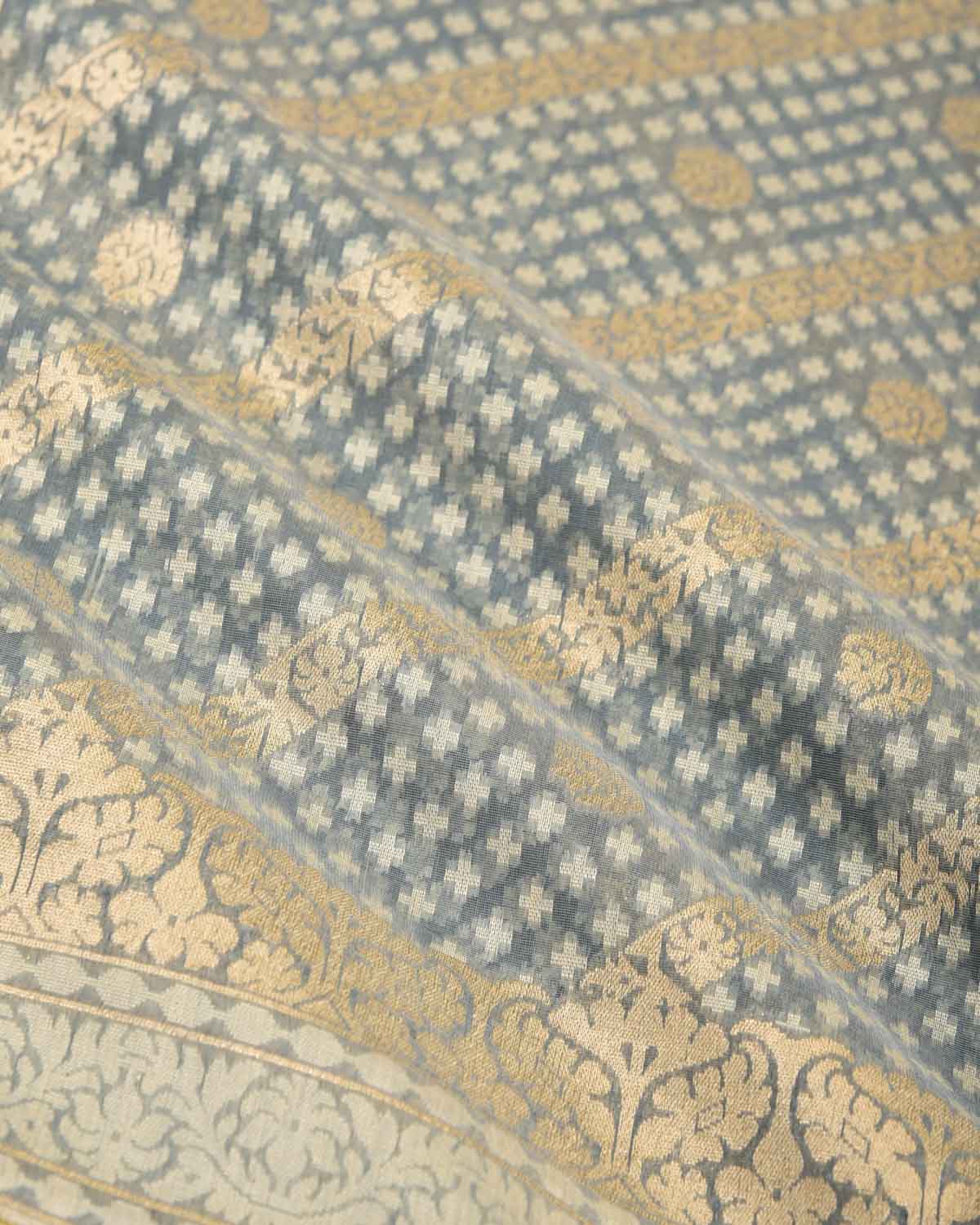 Gray Gold Zari & Resham Aada Jaal Cutwork Brocade Woven Cotton Silk Banarasi Saree-HolyWeaves