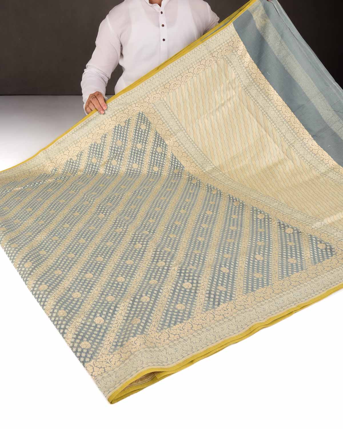 Gray Gold Zari & Resham Aada Jaal Cutwork Brocade Woven Cotton Silk Banarasi Saree-HolyWeaves
