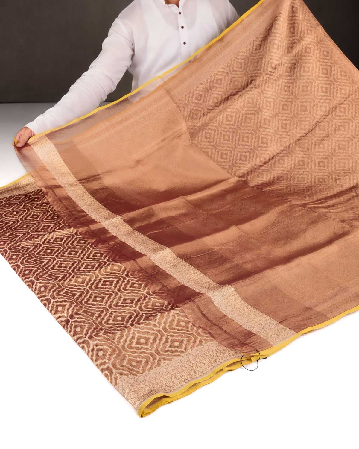 Metallic Amber Gold Zari & Resham Jangla Cutwork Brocade Woven Kora Tissue Banarasi Saree-HolyWeaves