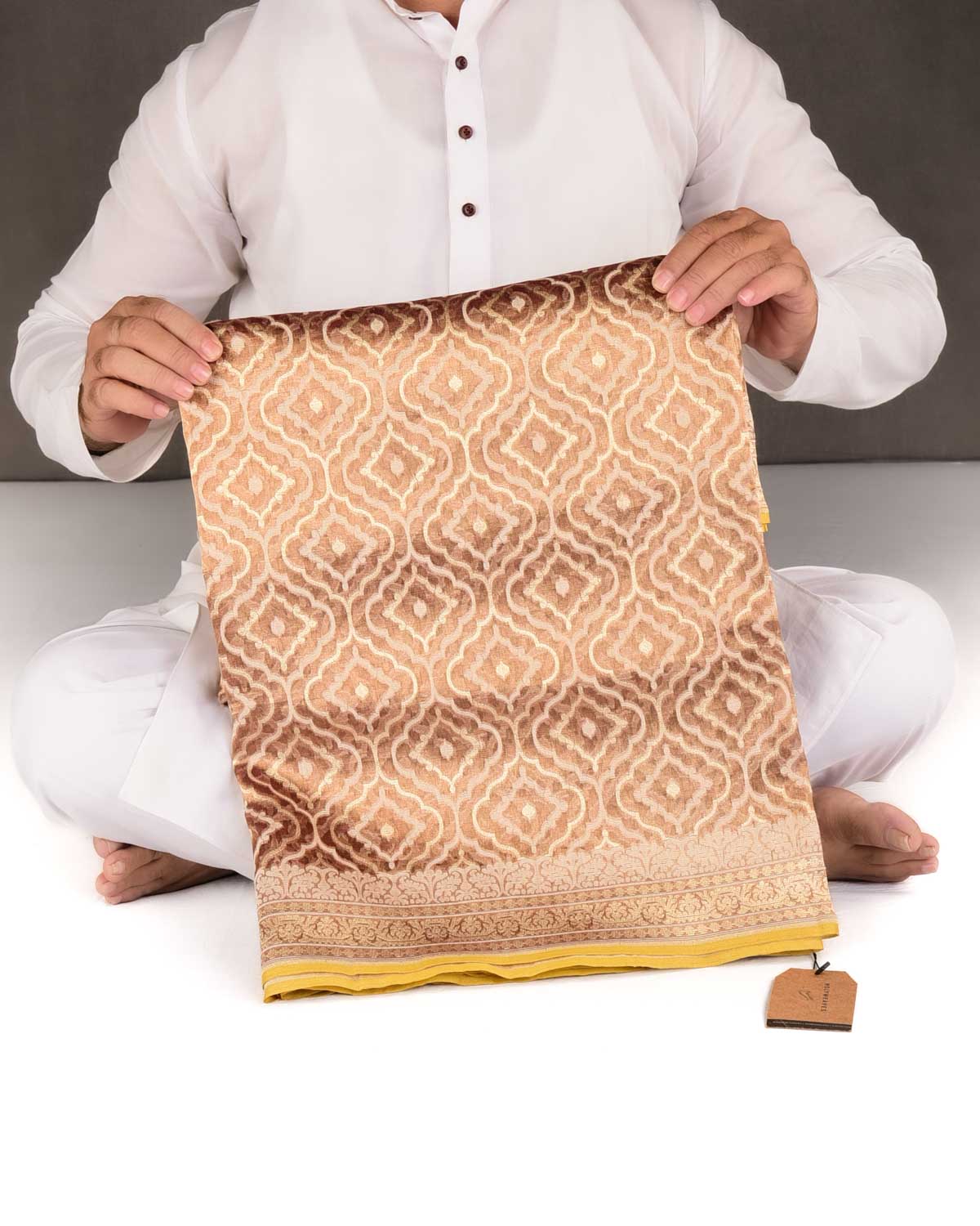 Metallic Amber Gold Zari & Resham Jangla Cutwork Brocade Woven Kora Tissue Banarasi Saree