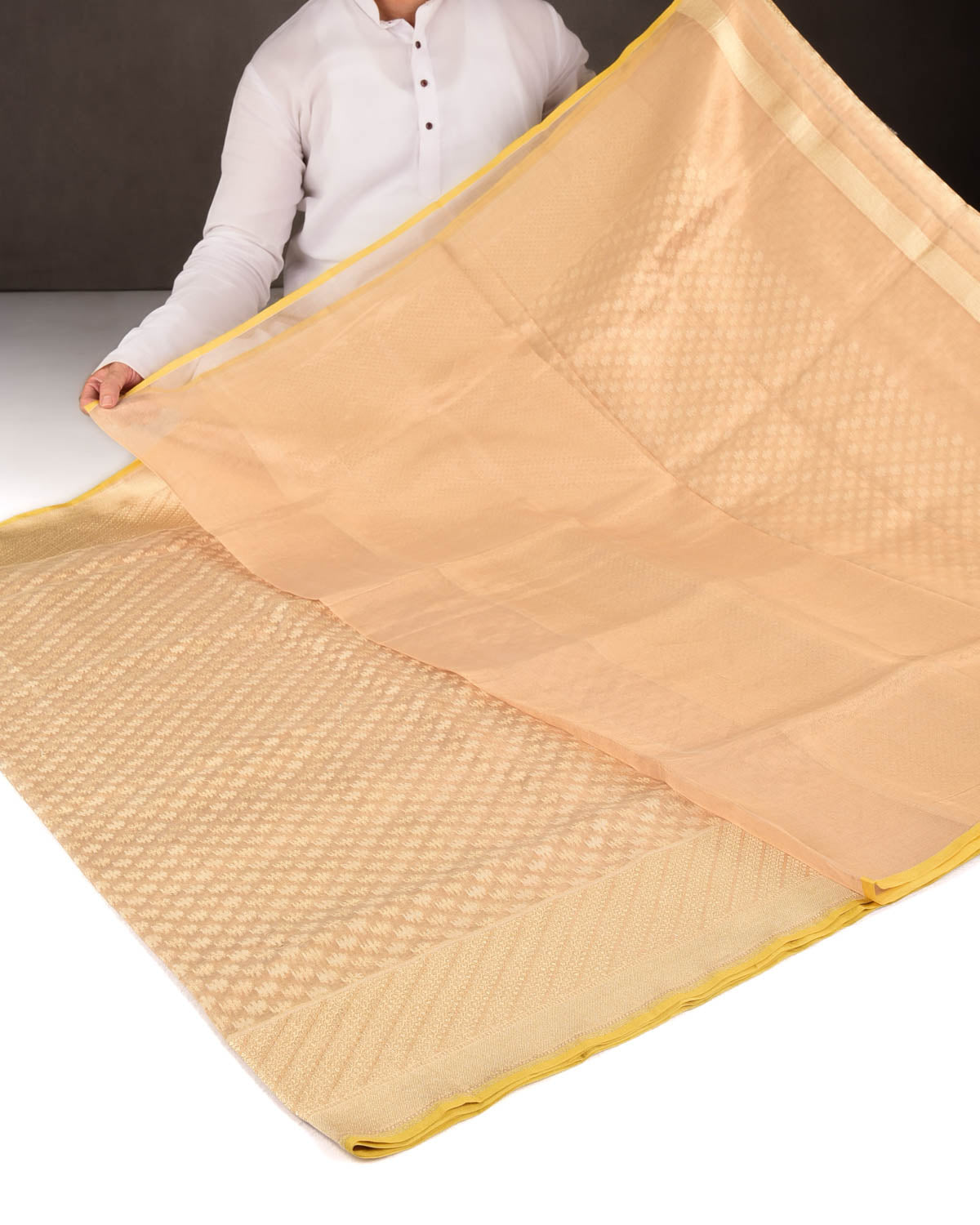 Metallic Beige Gold Zari & Resham Buti Cutwork Brocade Woven Kora Tissue Banarasi Saree