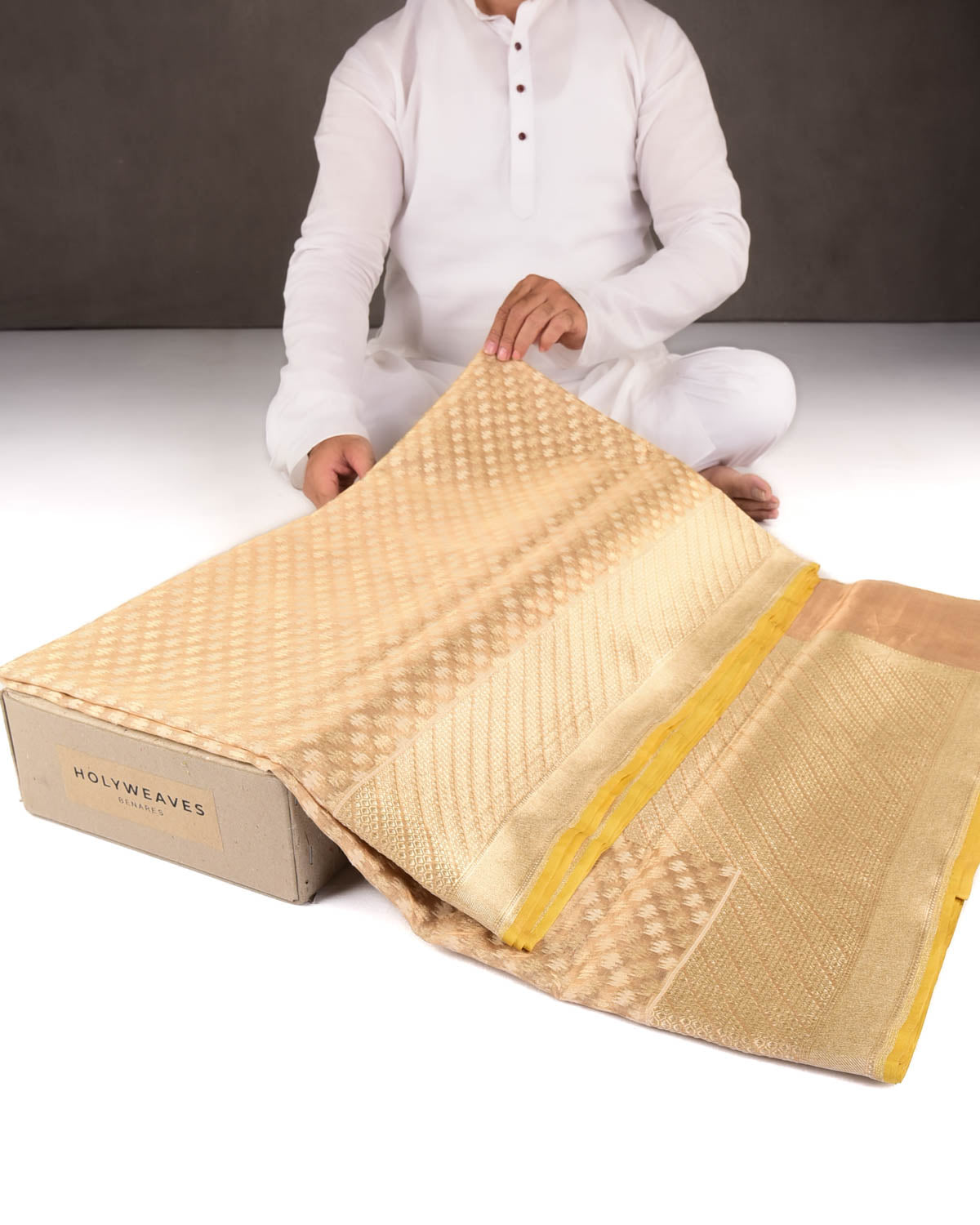 Metallic Beige Gold Zari & Resham Buti Cutwork Brocade Woven Kora Tissue Banarasi Saree