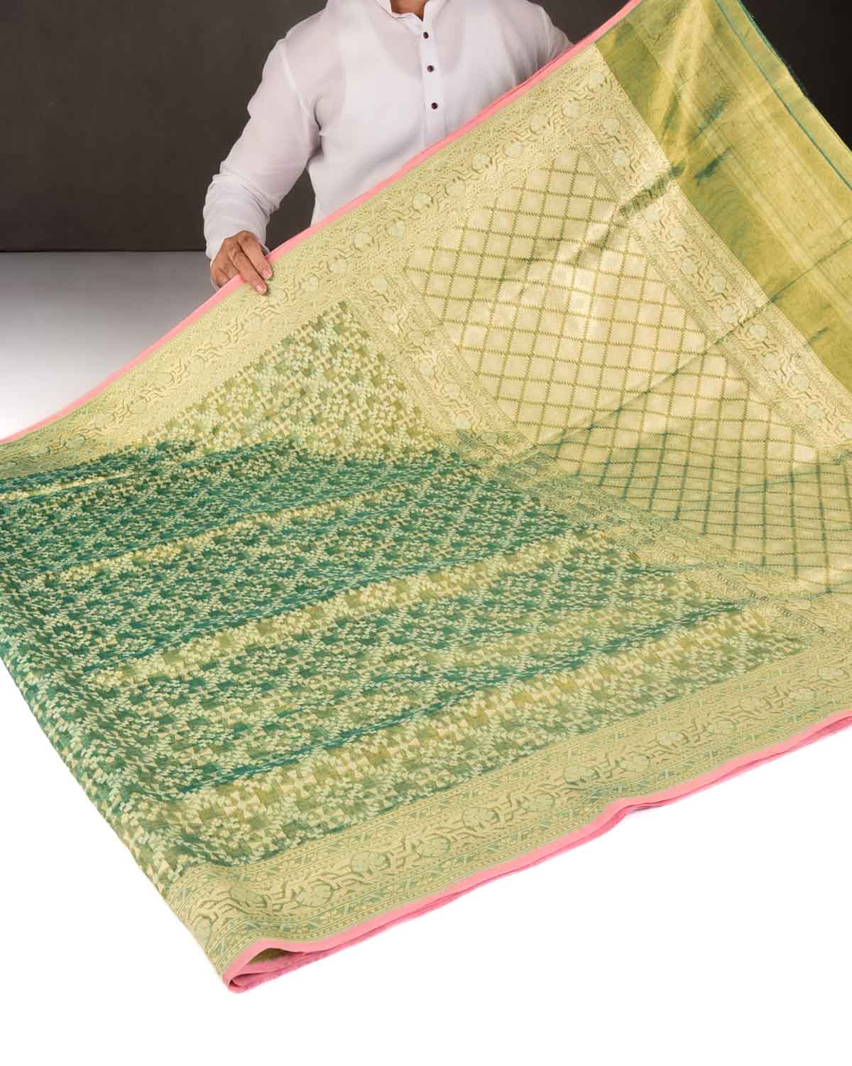 Metallic Green Gold Zari & Resham Patola Cutwork Brocade Woven Kora Tissue Banarasi Saree