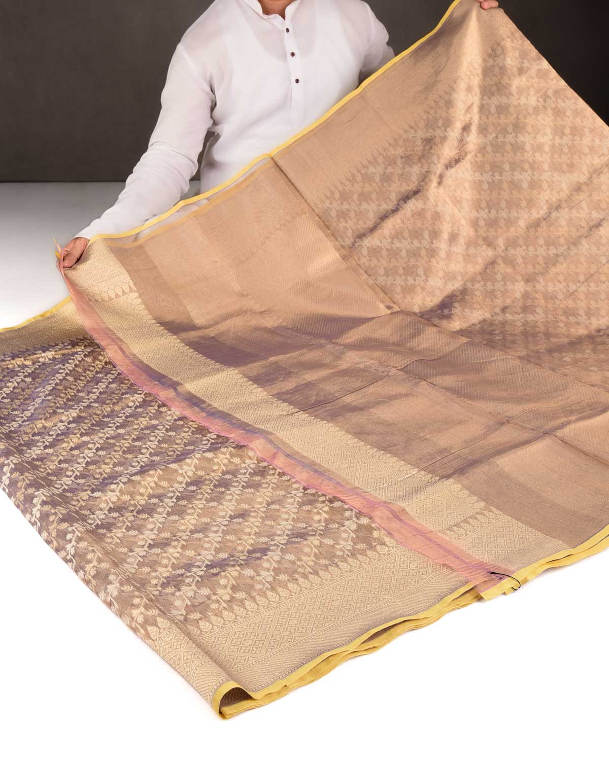 Metallic Mauve Gold Zari & Resham Diagonal Bel Cutwork Brocade Woven Kora Tissue Banarasi Saree