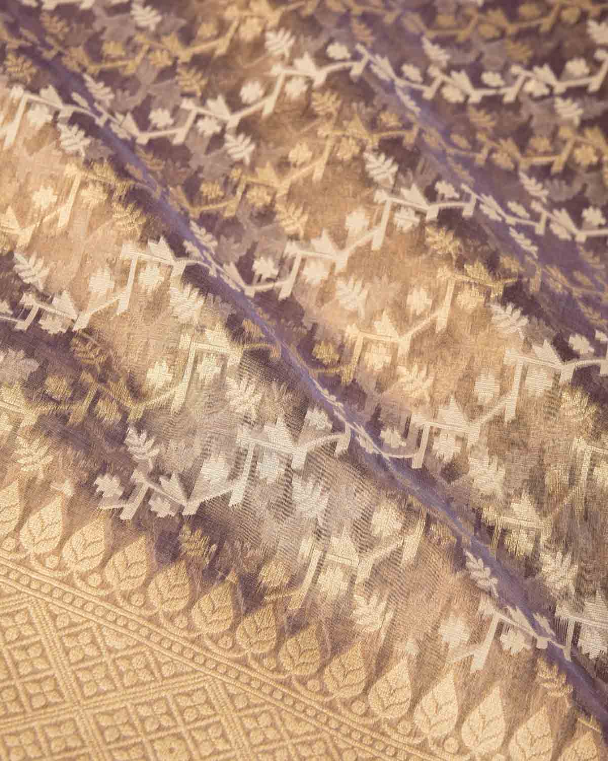 Metallic Mauve Gold Zari & Resham Diagonal Bel Cutwork Brocade Woven Kora Tissue Banarasi Saree
