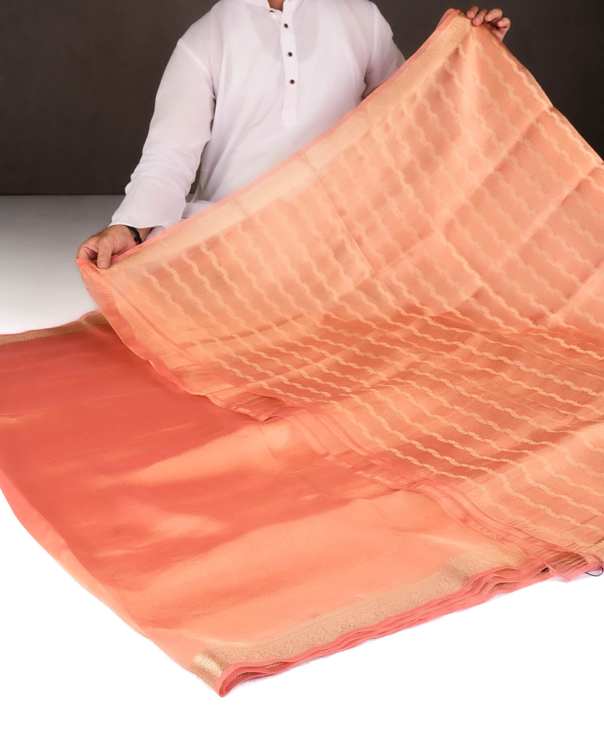 Metallic Peach Brocade Woven Kora Tissue Banarasi Saree with Gold Brocade Border Pallu-HolyWeaves
