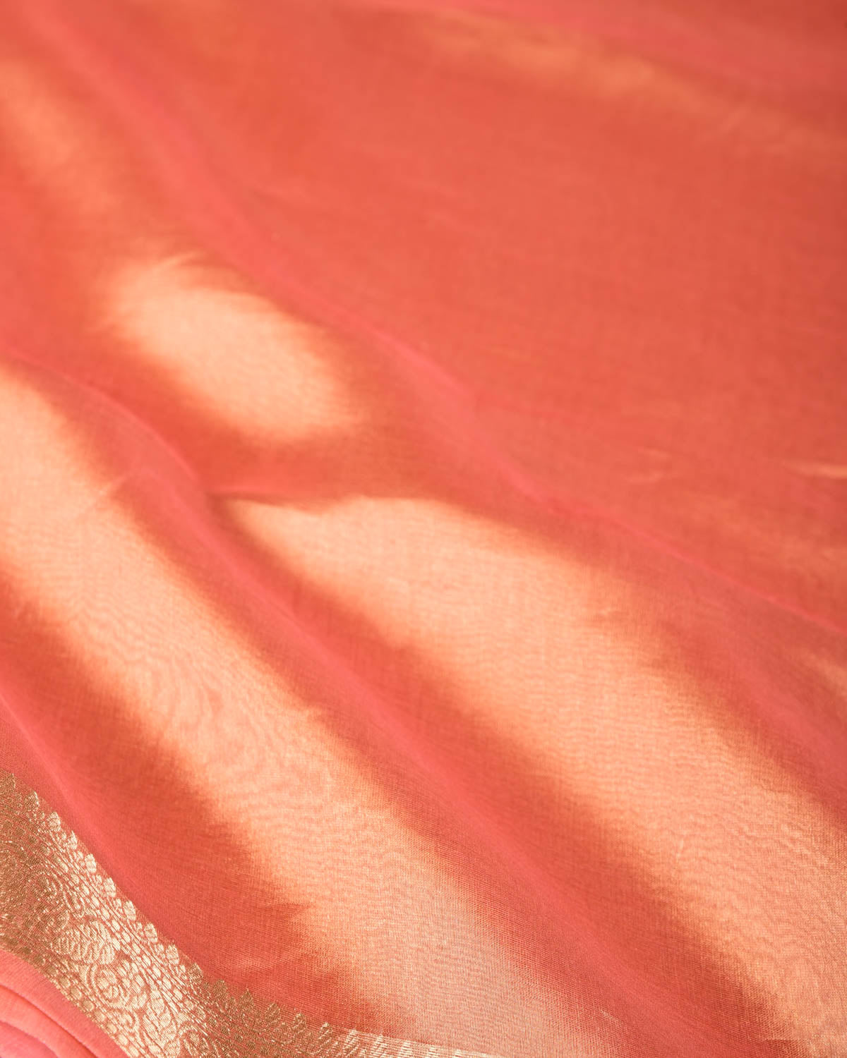 Metallic Peach Brocade Woven Kora Tissue Banarasi Saree with Gold Brocade Border Pallu-HolyWeaves