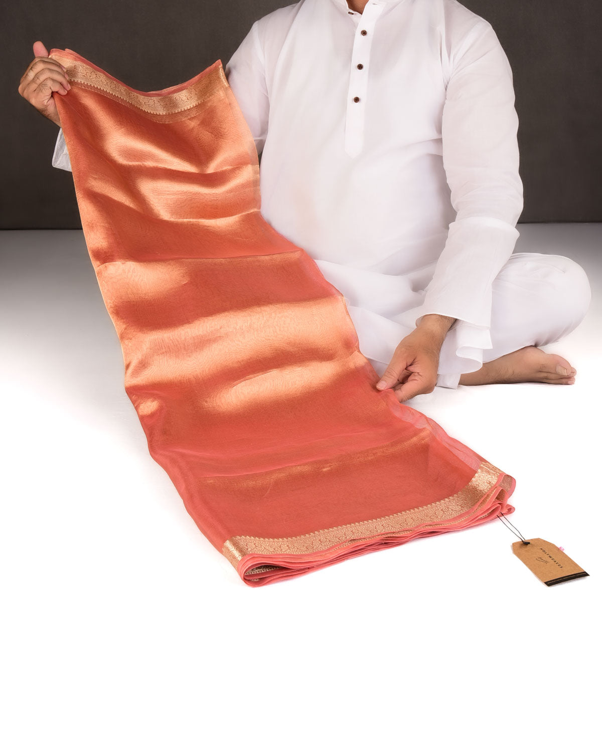 Metallic Peach Brocade Woven Kora Tissue Banarasi Saree with Gold Brocade Border Pallu-HolyWeaves