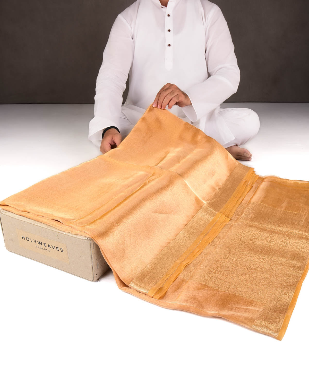 Metallic Trombone Yellow Brocade Woven Kora Tissue Banarasi Saree with Gold Brocade Border Pallu-HolyWeaves