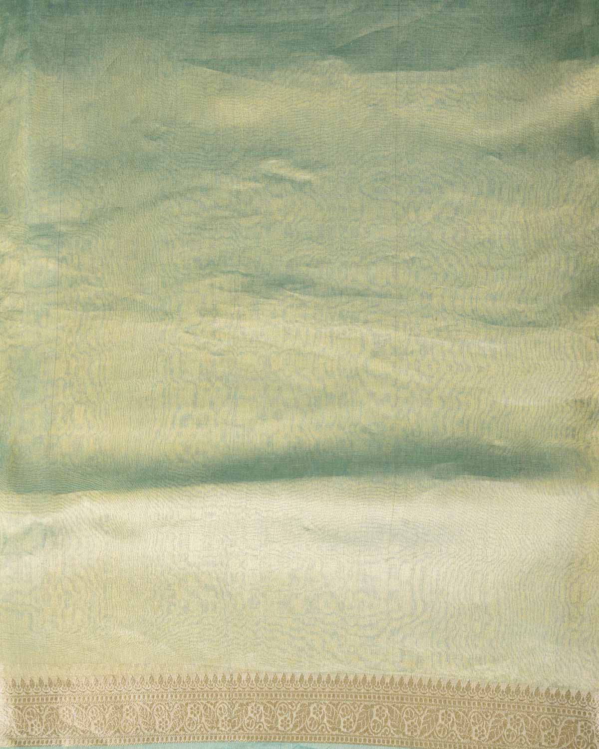 Metallic Aqua Marine Brocade Woven Kora Tissue Banarasi Saree with Gold Brocade Border Pallu-HolyWeaves
