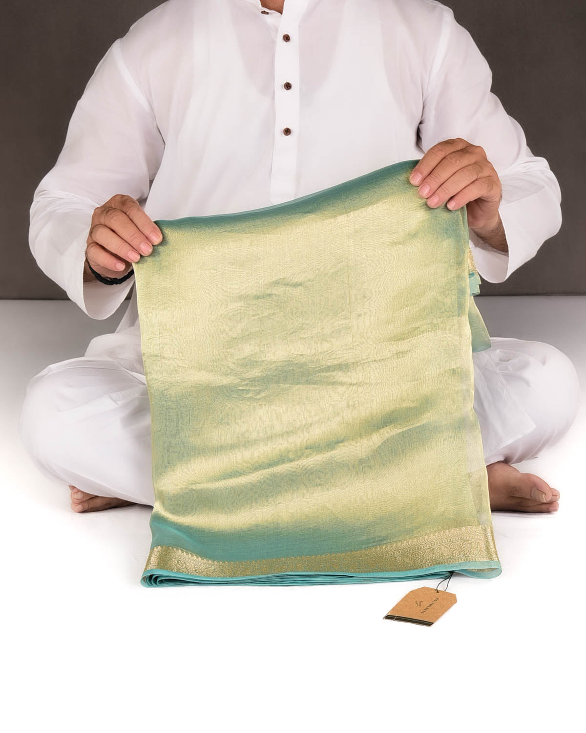 Metallic Aqua Marine Brocade Woven Kora Tissue Banarasi Saree with Gold Brocade Border Pallu-HolyWeaves