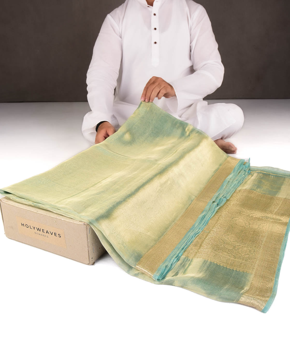 Metallic Aqua Marine Brocade Woven Kora Tissue Banarasi Saree with Gold Brocade Border Pallu-HolyWeaves
