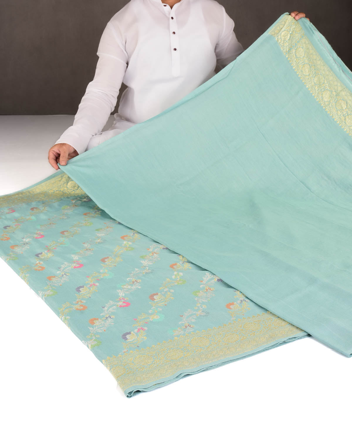 Opal Green Gold & Silver Zari Meenekari Bel Cutwork Brocade Handwoven Muga Silk Banarasi Saree-HolyWeaves