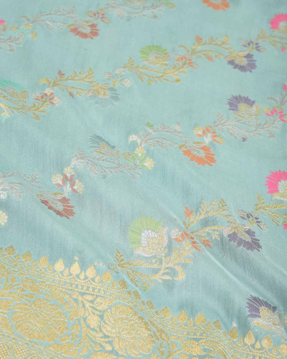 Opal Green Gold & Silver Zari Meenekari Bel Cutwork Brocade Handwoven Muga Silk Banarasi Saree-HolyWeaves
