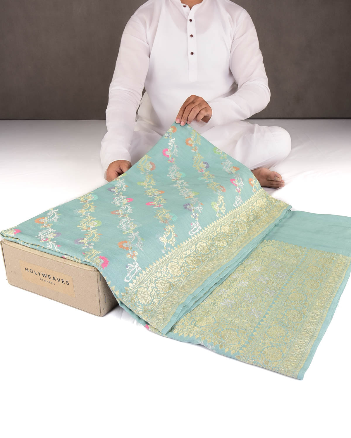Opal Green Gold & Silver Zari Meenekari Bel Cutwork Brocade Handwoven Muga Silk Banarasi Saree-HolyWeaves