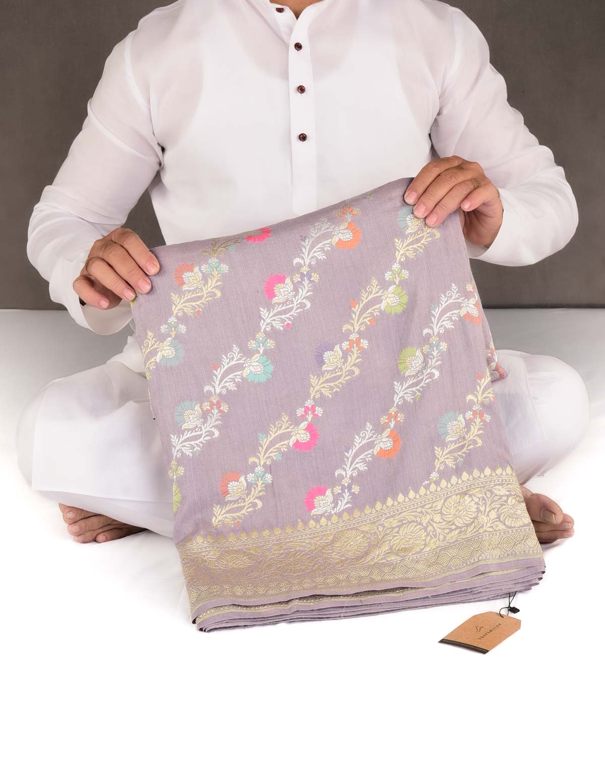 English Lavender Gold & Silver Zari Meenekari Bel Cutwork Brocade Handwoven Muga Silk Banarasi Saree-HolyWeaves