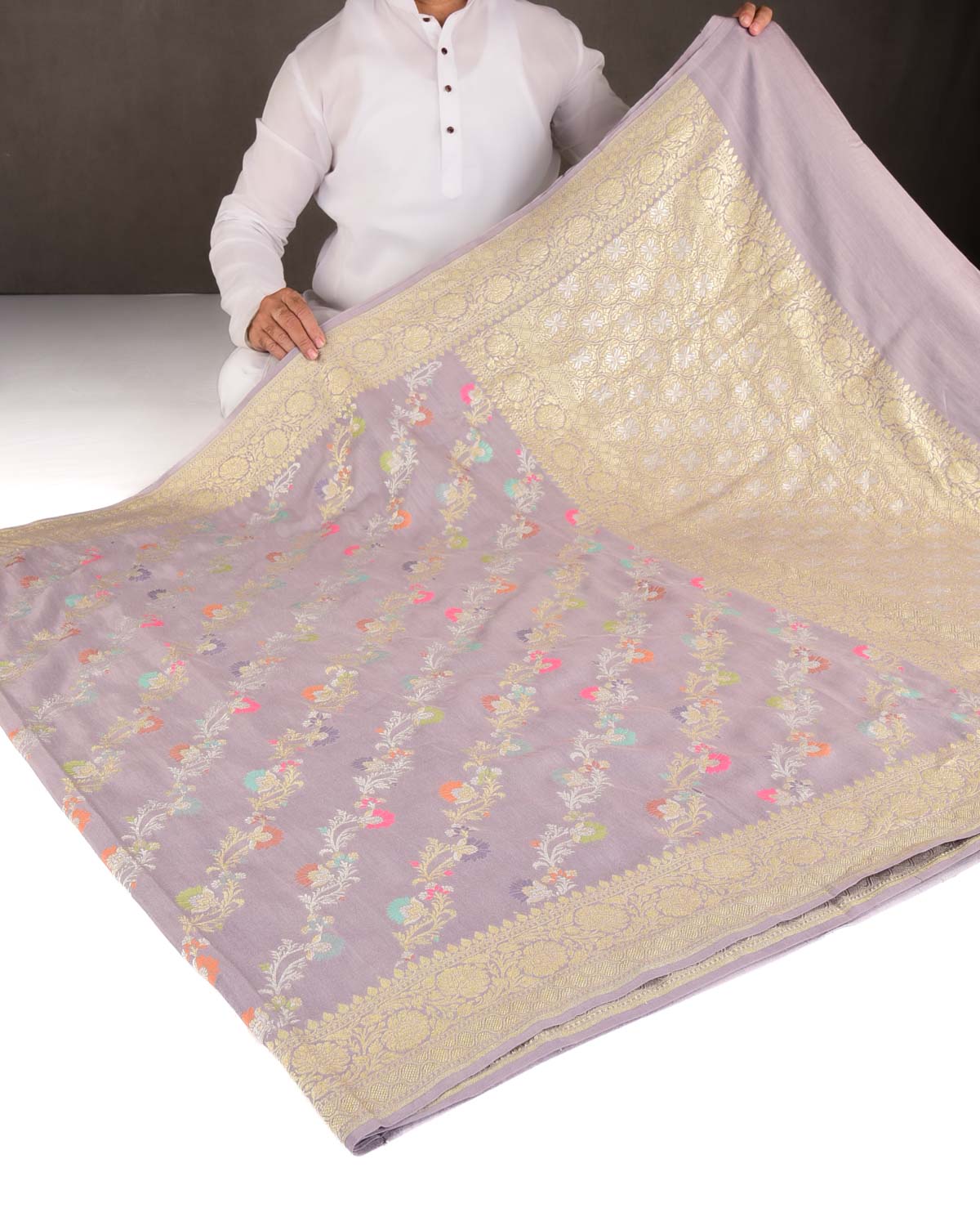 English Lavender Gold & Silver Zari Meenekari Bel Cutwork Brocade Handwoven Muga Silk Banarasi Saree-HolyWeaves
