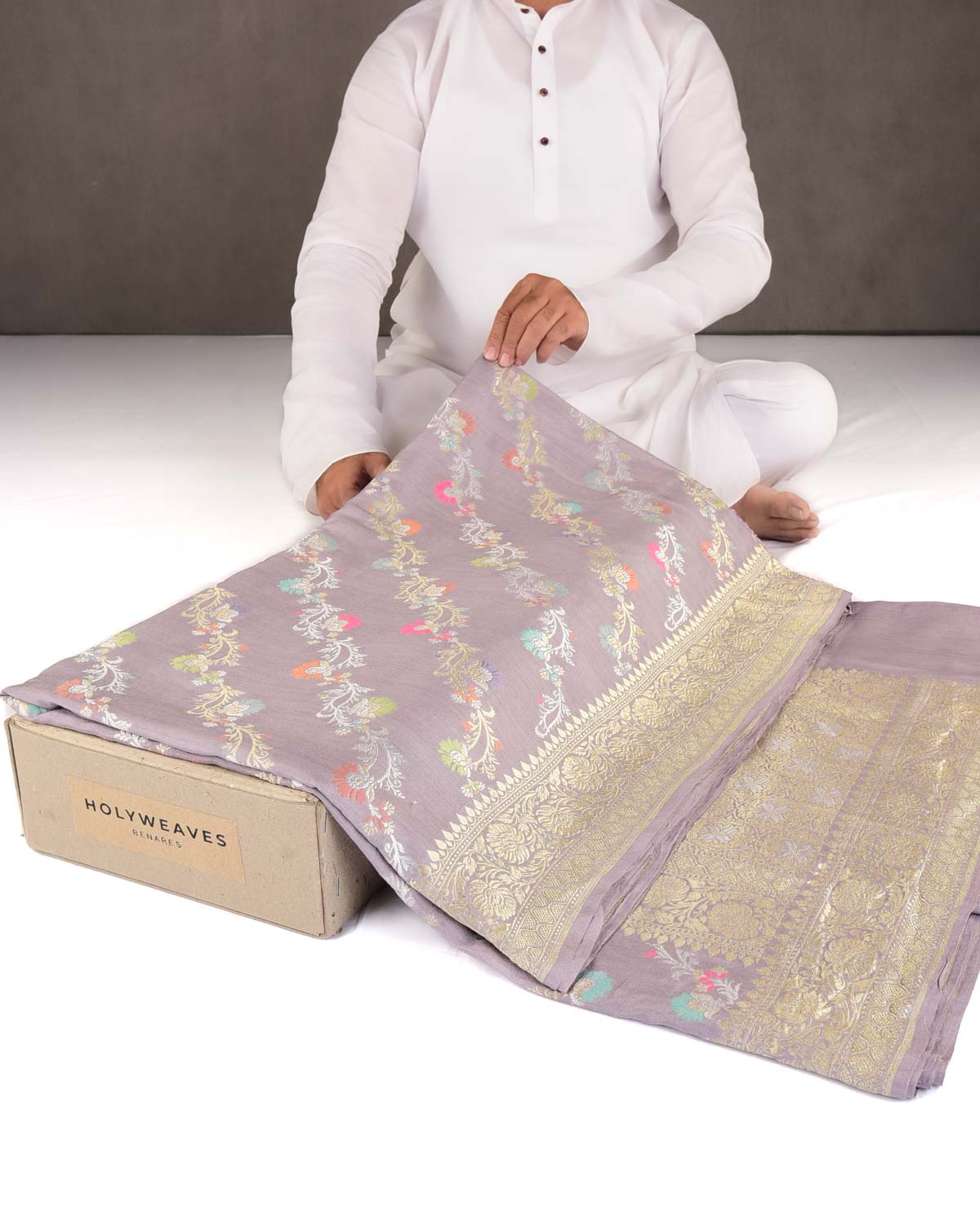 English Lavender Gold & Silver Zari Meenekari Bel Cutwork Brocade Handwoven Muga Silk Banarasi Saree-HolyWeaves