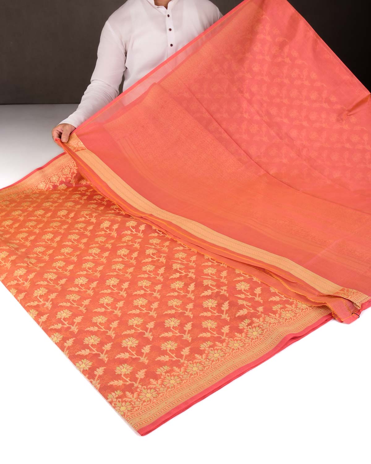 Peach Resham Floral Buta Cutwork Brocade Woven Art Cotton Silk Banarasi Saree-HolyWeaves