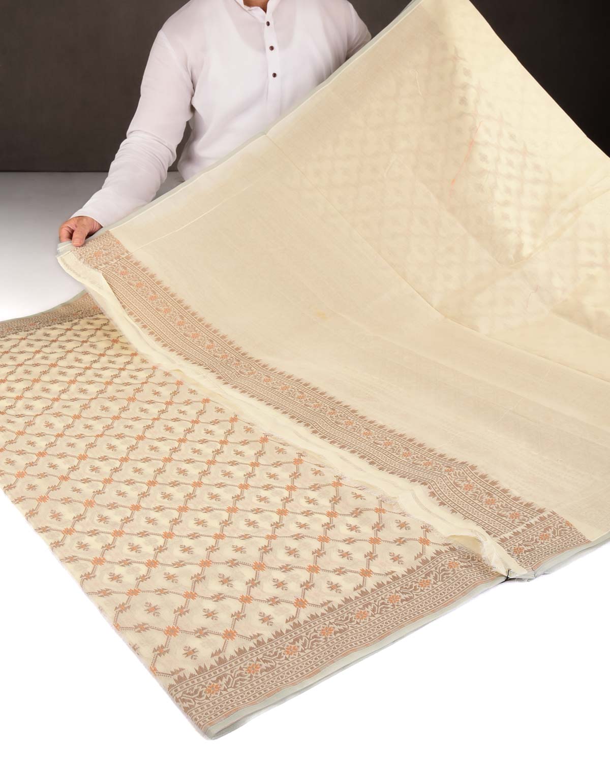 Cream Resham Jangla Cutwork Brocade Woven Art Cotton Silk Banarasi Saree