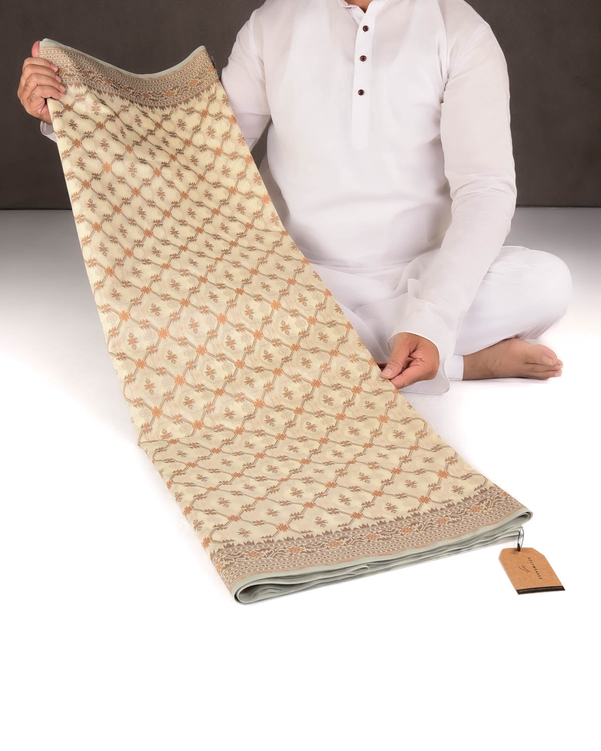 Cream Resham Jangla Cutwork Brocade Woven Art Cotton Silk Banarasi Saree