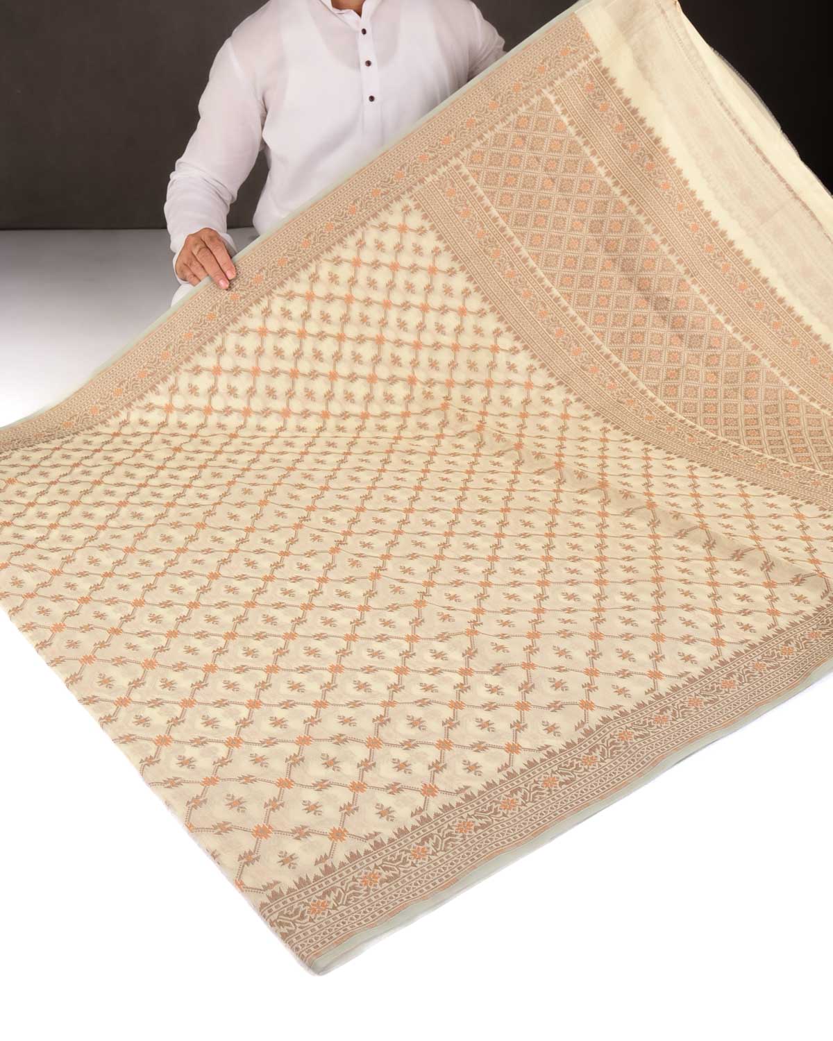 Cream Resham Jangla Cutwork Brocade Woven Art Cotton Silk Banarasi Saree