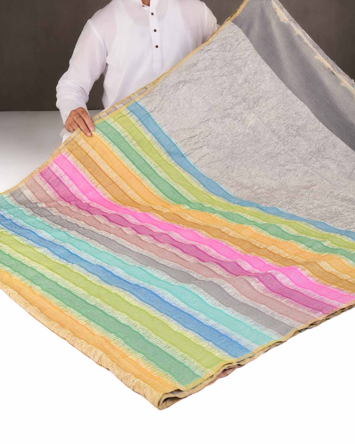 Ombre Multi-color Crushed Zari Stripes Brocade Woven Muga Silk Banarasi Saree-HolyWeaves
