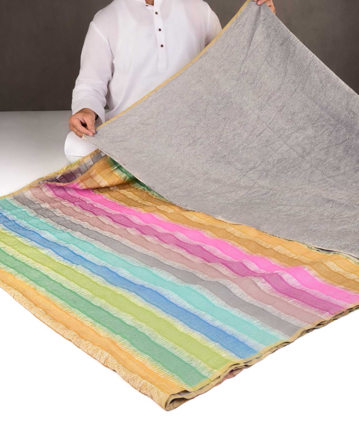 Ombre Multi-color Crushed Zari Stripes Brocade Woven Muga Silk Banarasi Saree-HolyWeaves