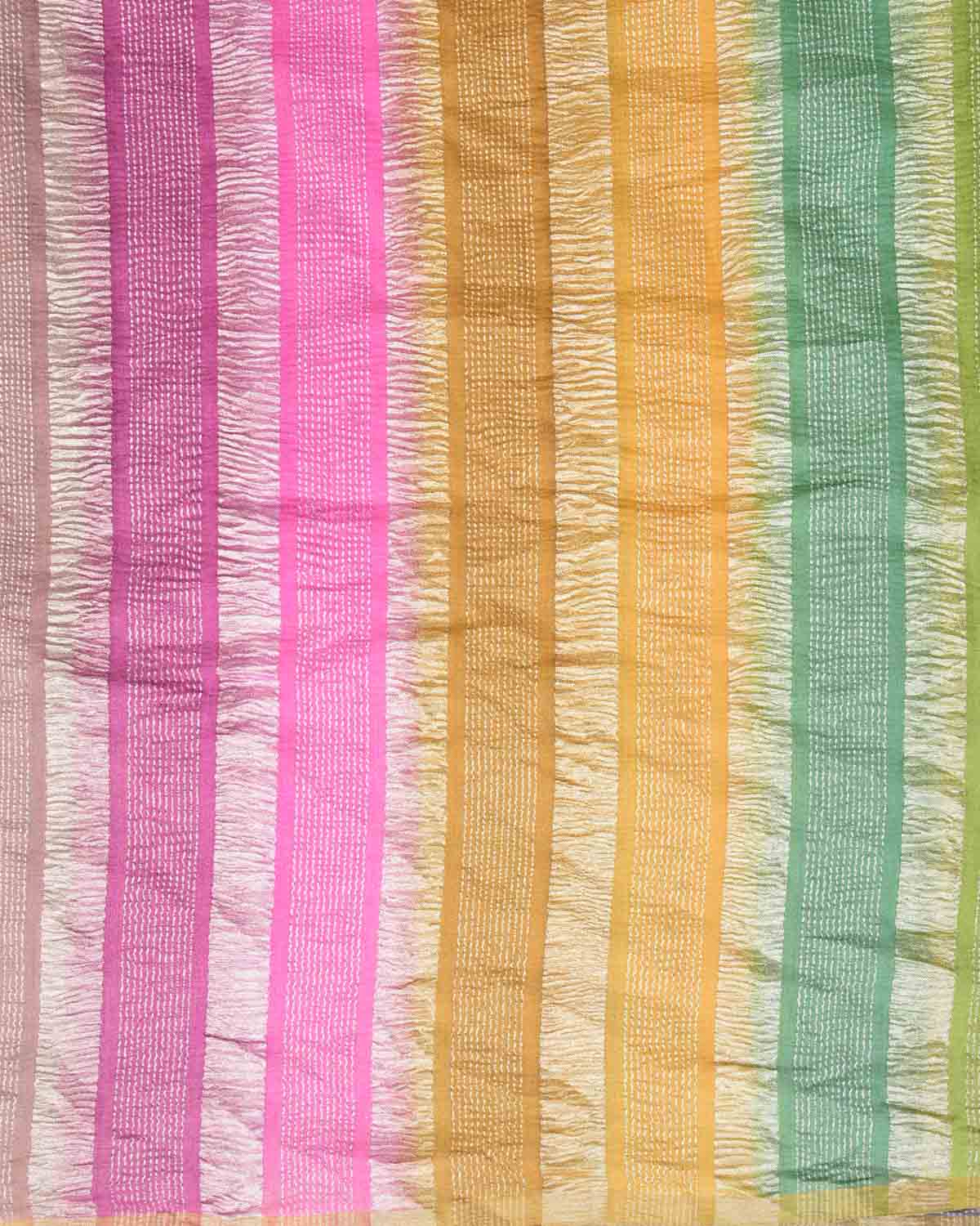 Ombre Multi-color Crushed Zari Stripes Brocade Woven Muga Silk Banarasi Saree-HolyWeaves