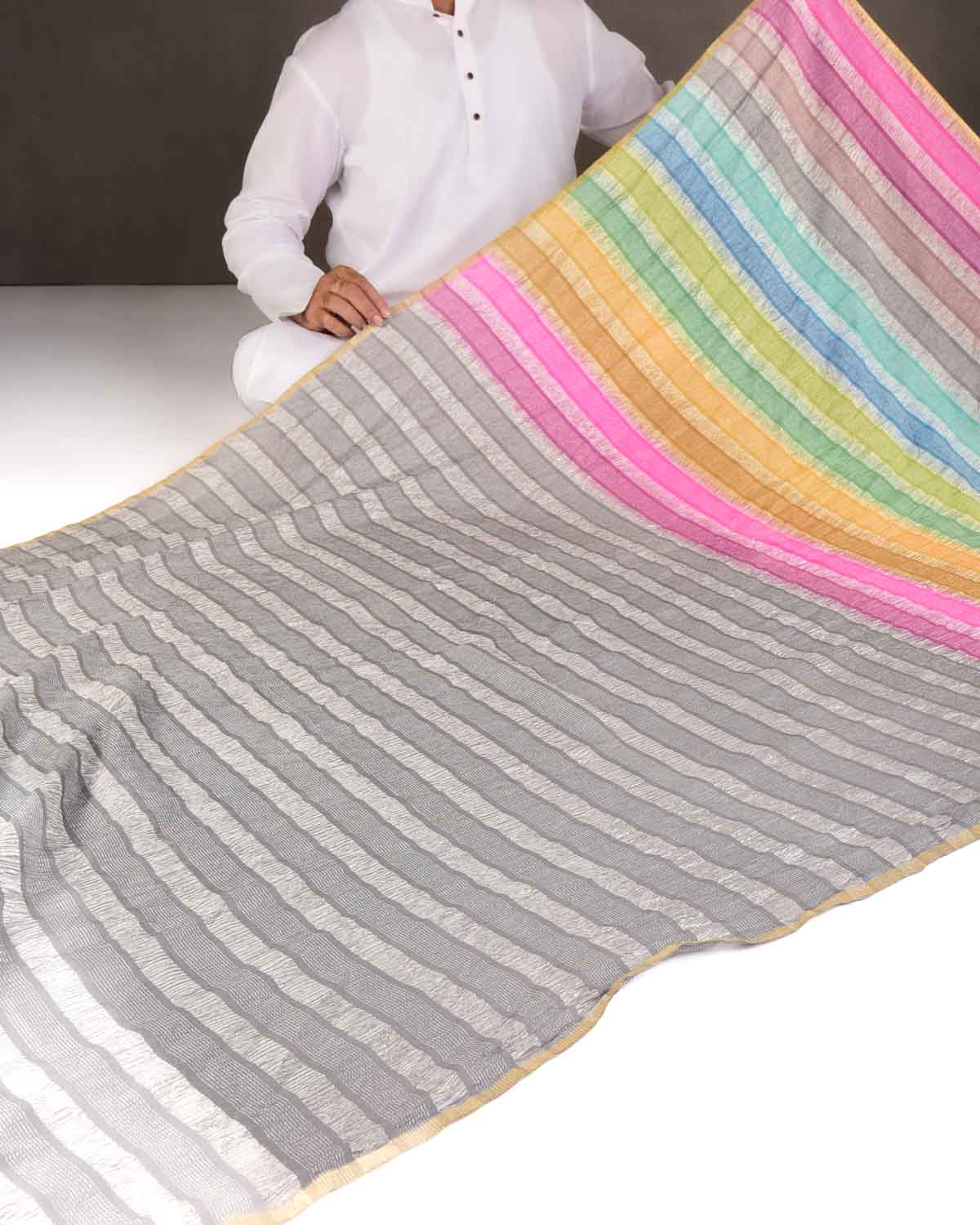 Ombre Multi-color Crushed Zari Stripes Brocade Woven Muga Silk Banarasi Saree-HolyWeaves