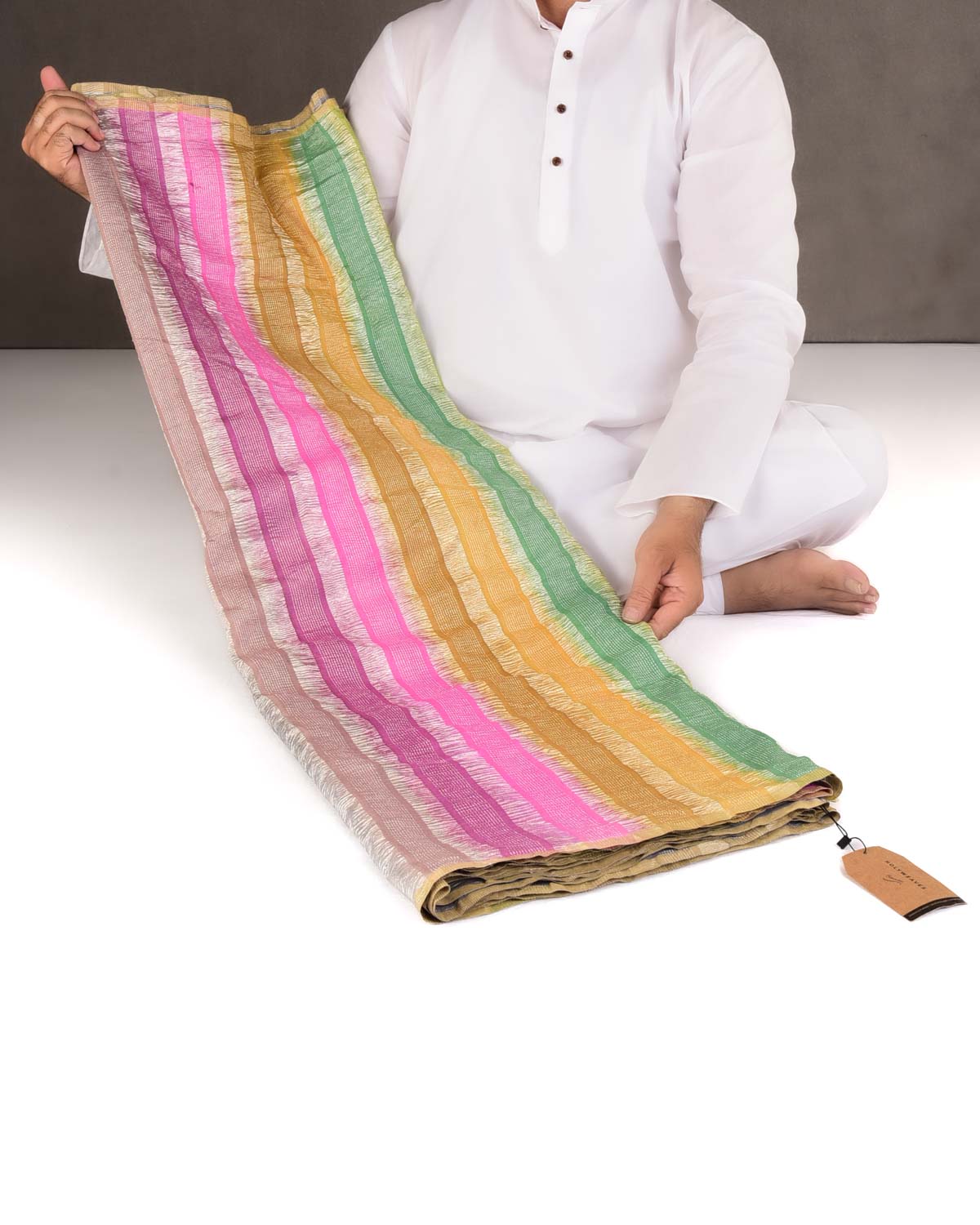 Ombre Multi-color Crushed Zari Stripes Brocade Woven Muga Silk Banarasi Saree-HolyWeaves