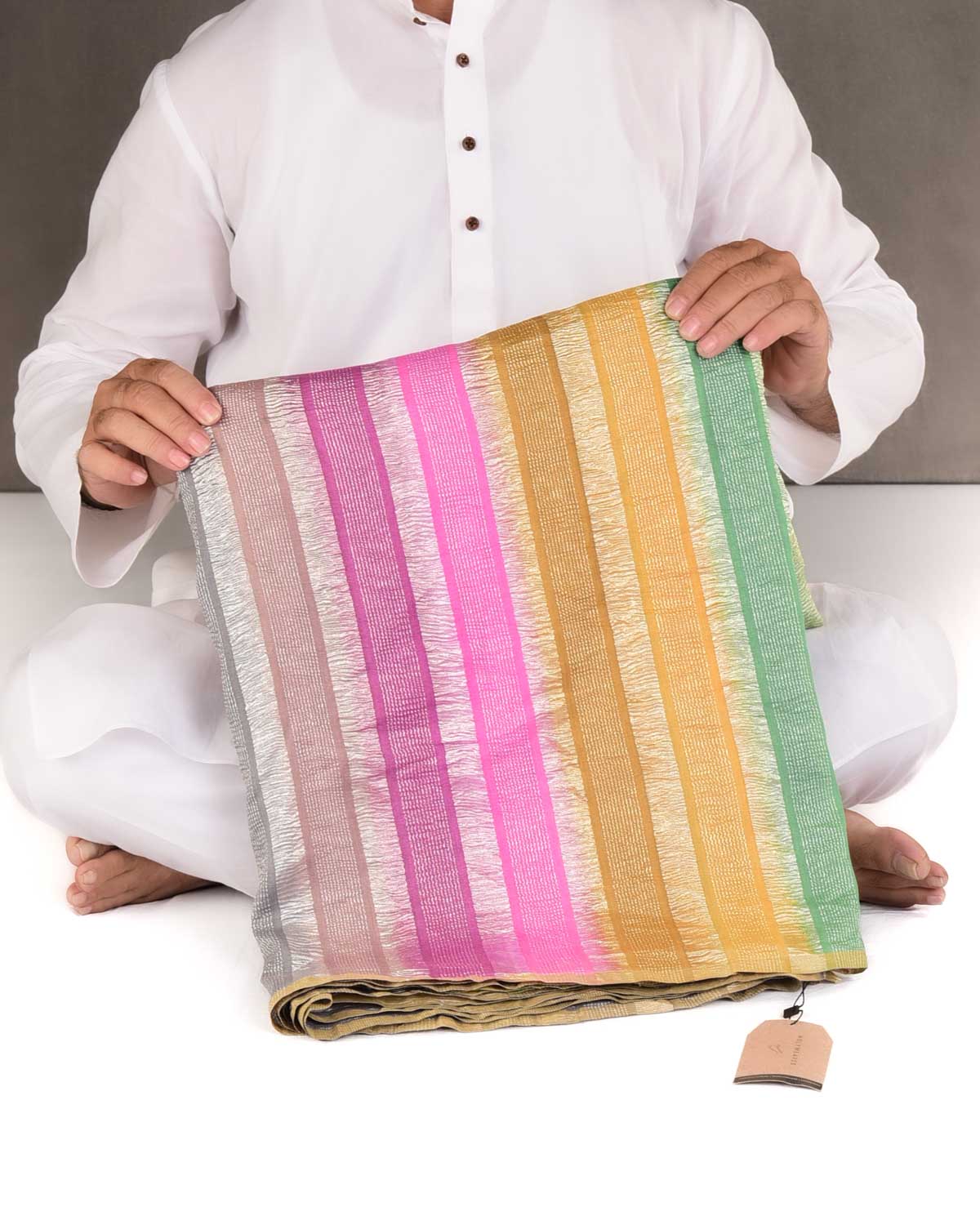 Ombre Multi-color Crushed Zari Stripes Brocade Woven Muga Silk Banarasi Saree-HolyWeaves