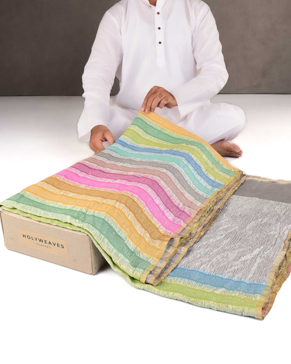 Ombre Multi-color Crushed Zari Stripes Brocade Woven Muga Silk Banarasi Saree-HolyWeaves