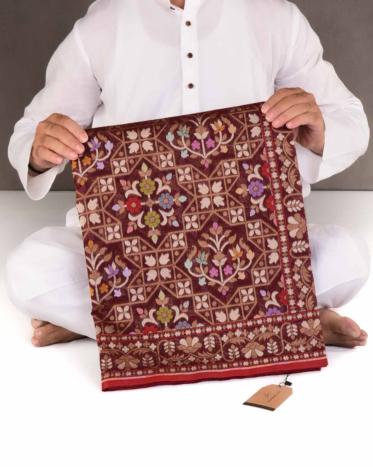 Mahogany Rakhtambari Resham And Zari Jamdani Ektara Cutwork Brocade Handwoven Cotton Banarasi Saree-HolyWeaves