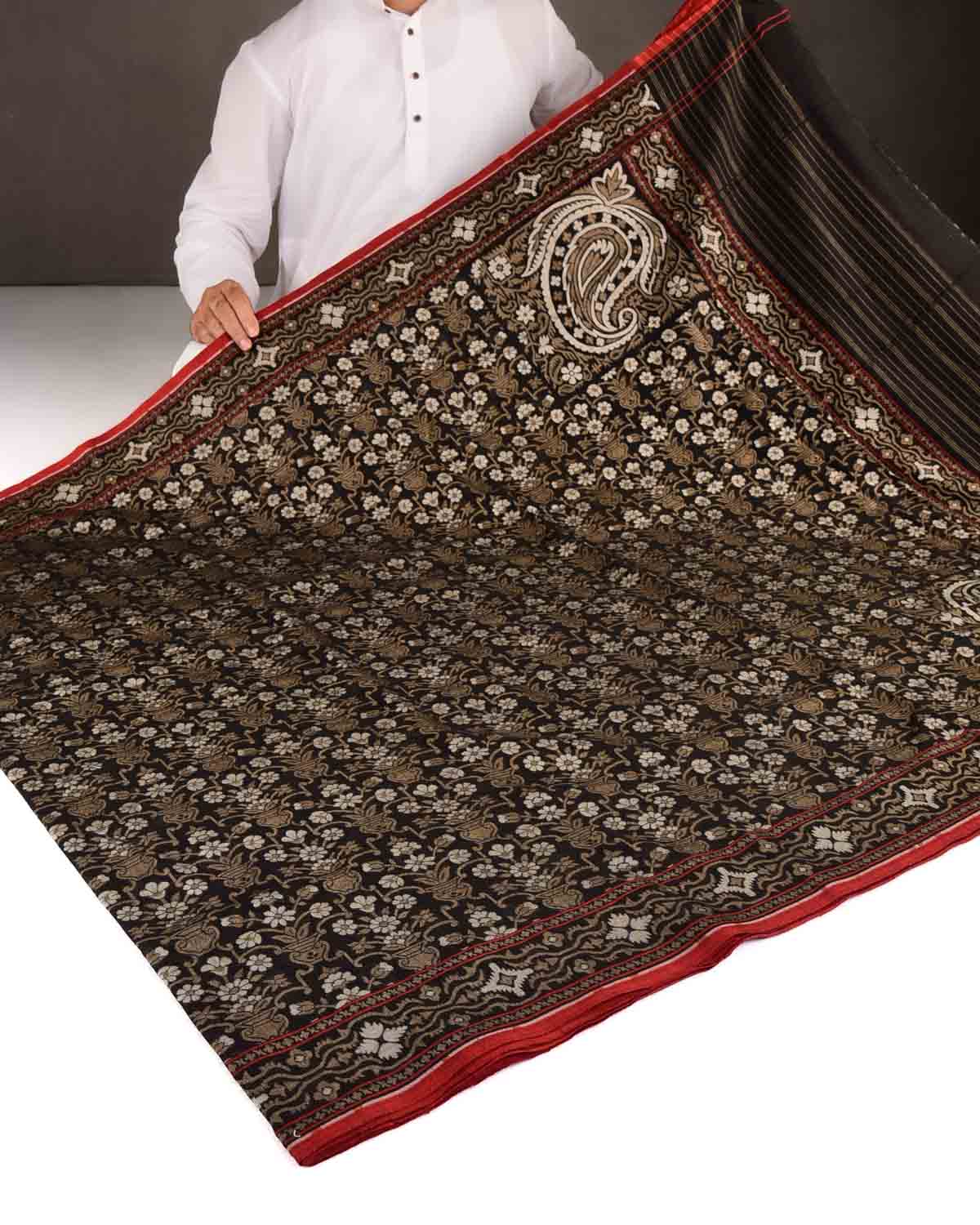 Black Krishnambari Resham And Zari Jamdani Ektara Cutwork Brocade Handwoven Cotton Banarasi Saree-HolyWeaves