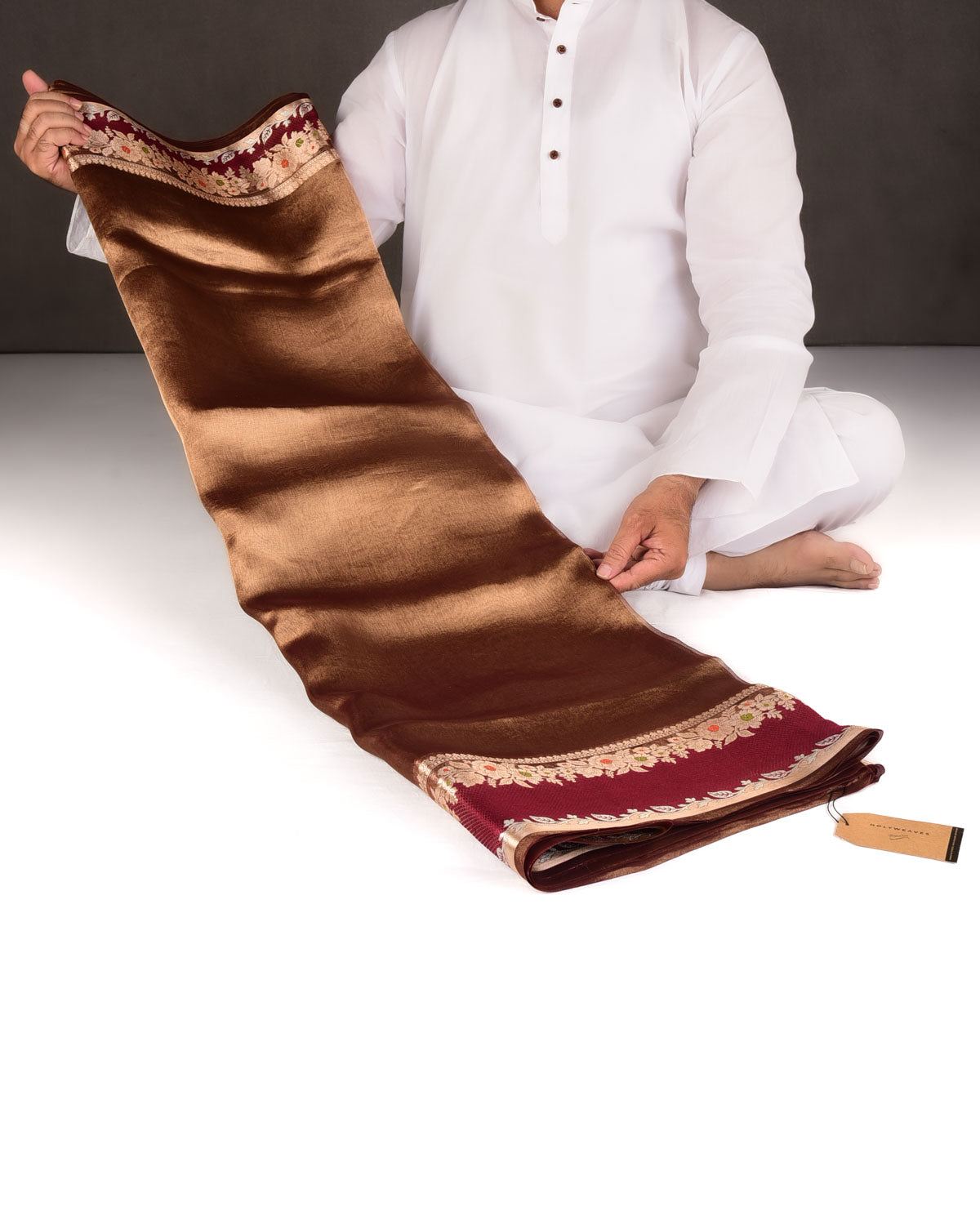 Metallic Maroon Brocade Woven Tissue Banarasi Saree with Floral Border-HolyWeaves