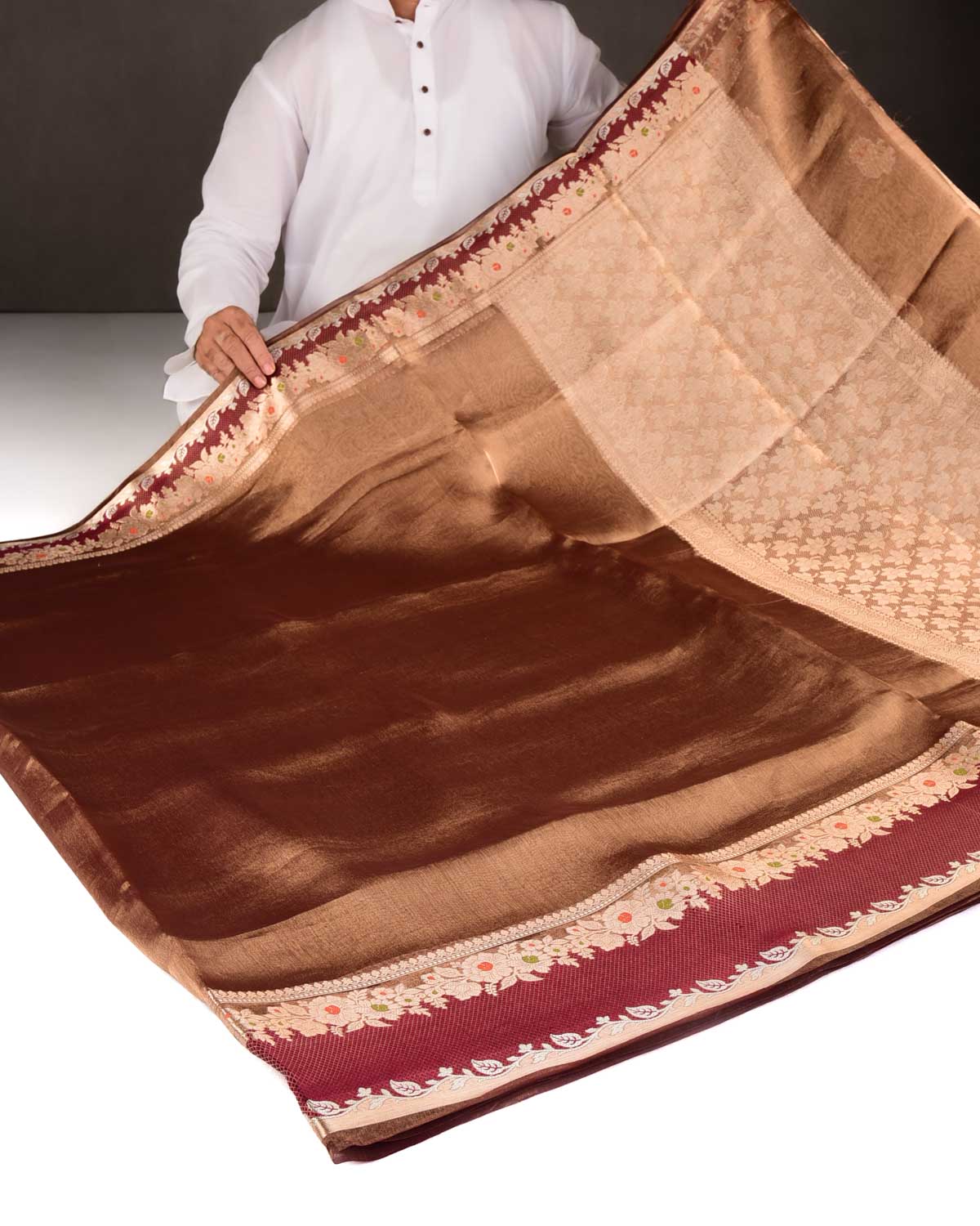 Metallic Maroon Brocade Woven Tissue Banarasi Saree with Floral Border-HolyWeaves