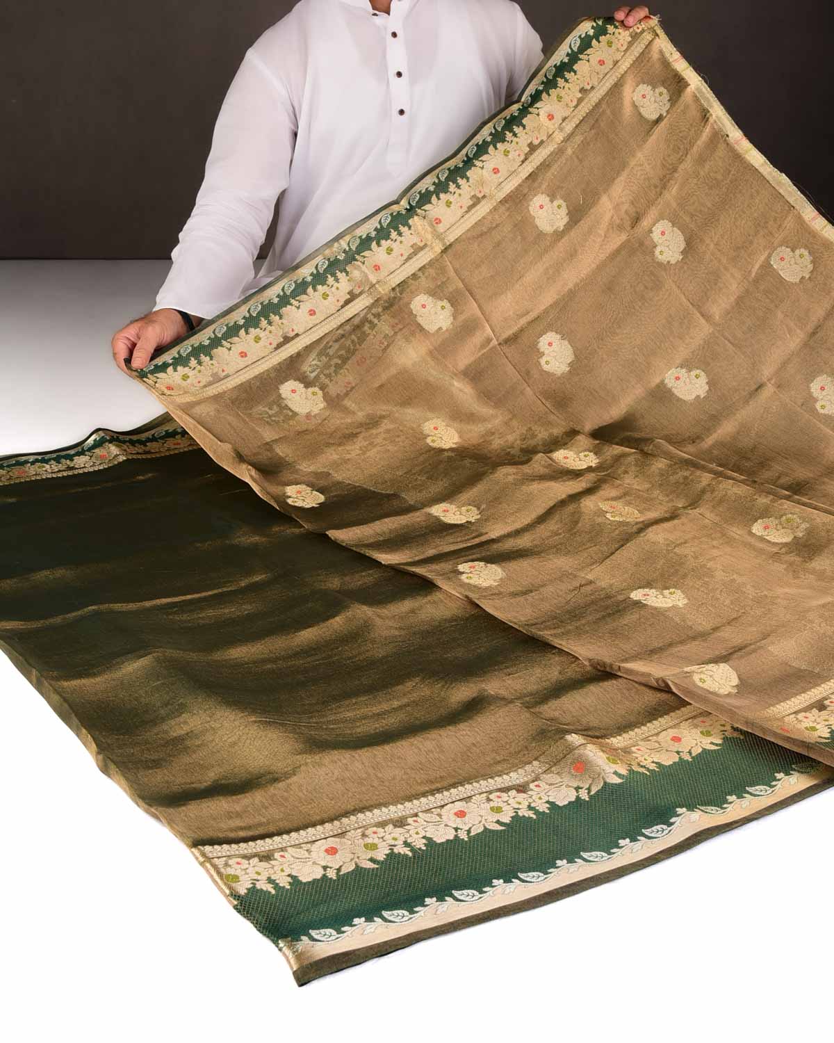 Metallic Green Brocade Woven Tissue Banarasi Saree with Floral Border-HolyWeaves