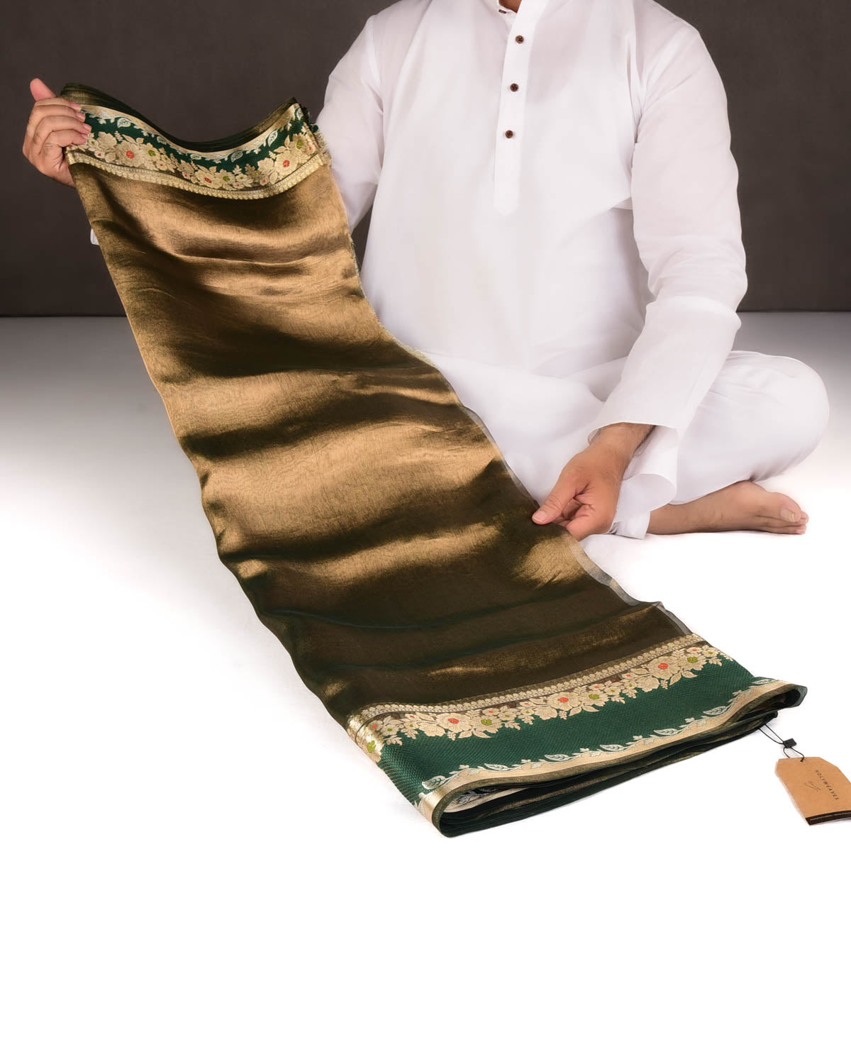 Metallic Green Brocade Woven Tissue Banarasi Saree with Floral Border-HolyWeaves