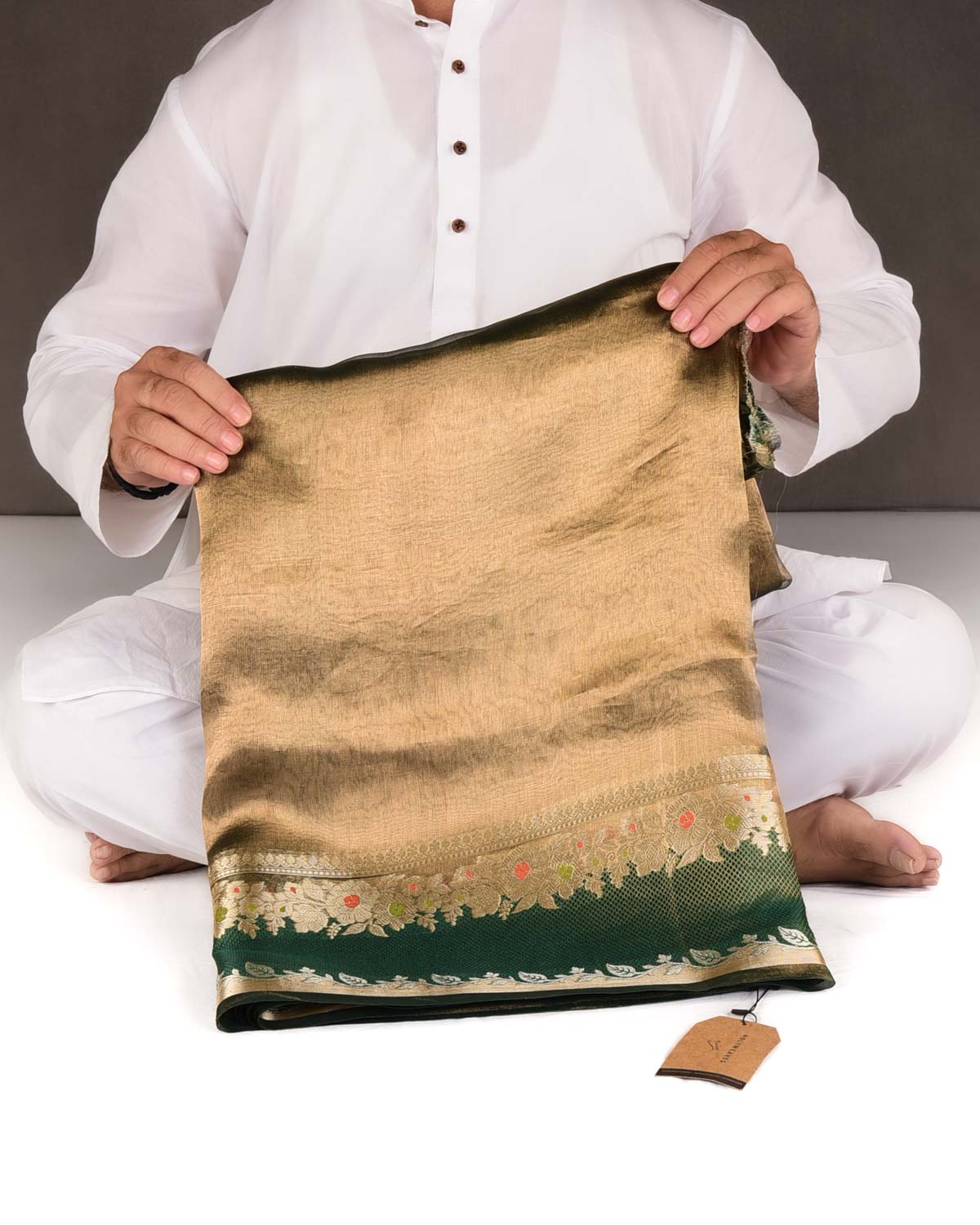 Metallic Green Brocade Woven Tissue Banarasi Saree with Floral Border-HolyWeaves
