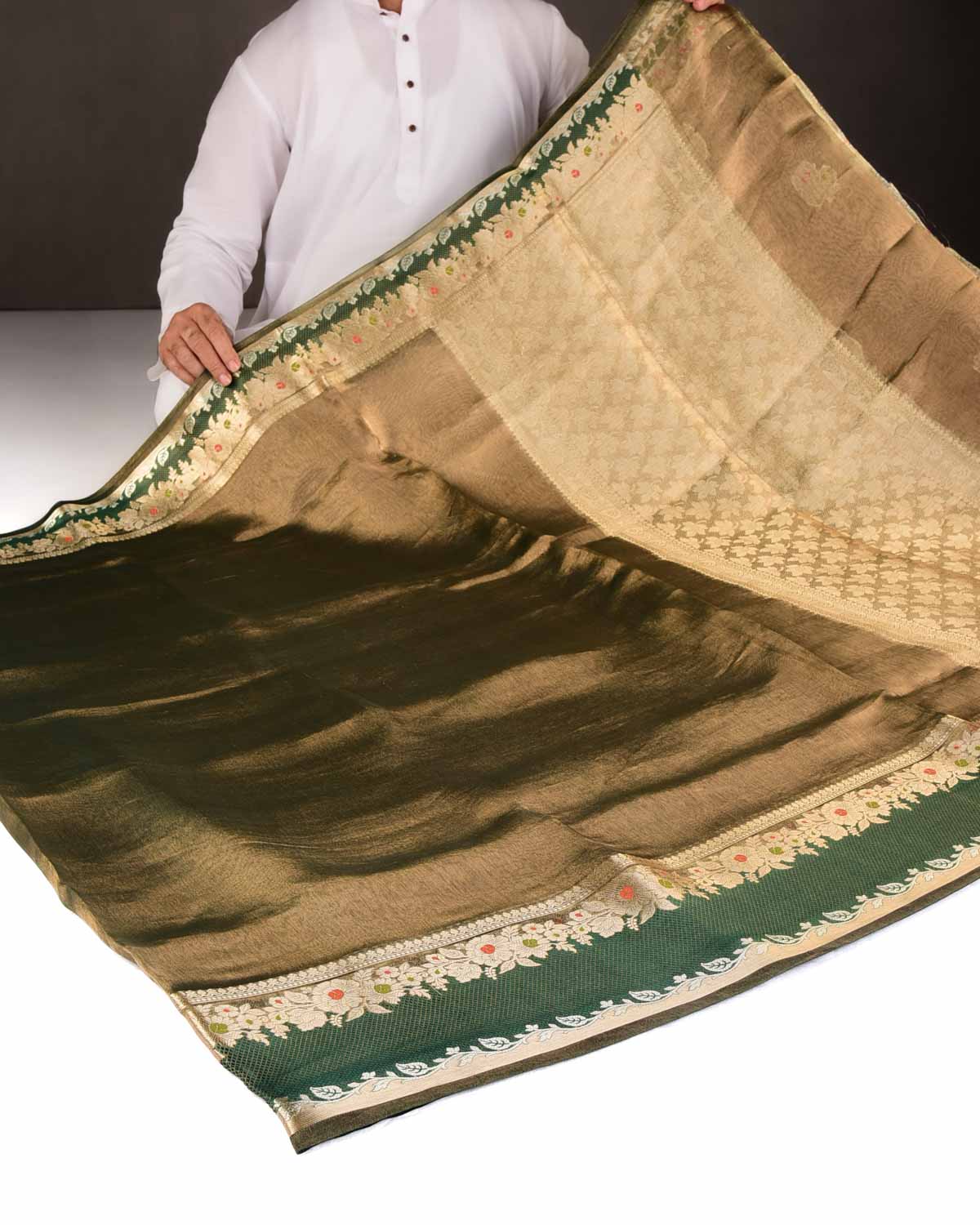 Metallic Green Brocade Woven Tissue Banarasi Saree with Floral Border-HolyWeaves