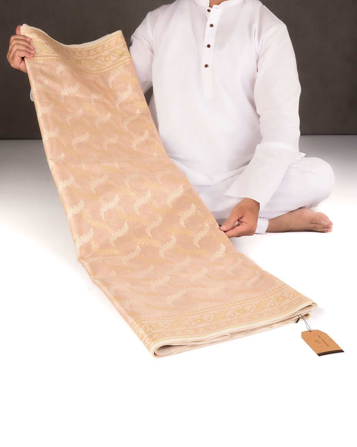 Metallic Beige Gold Zari And White Resham Jaal Cutwork Brocade Woven Art Cotton Tissue Banarasi Saree-HolyWeaves