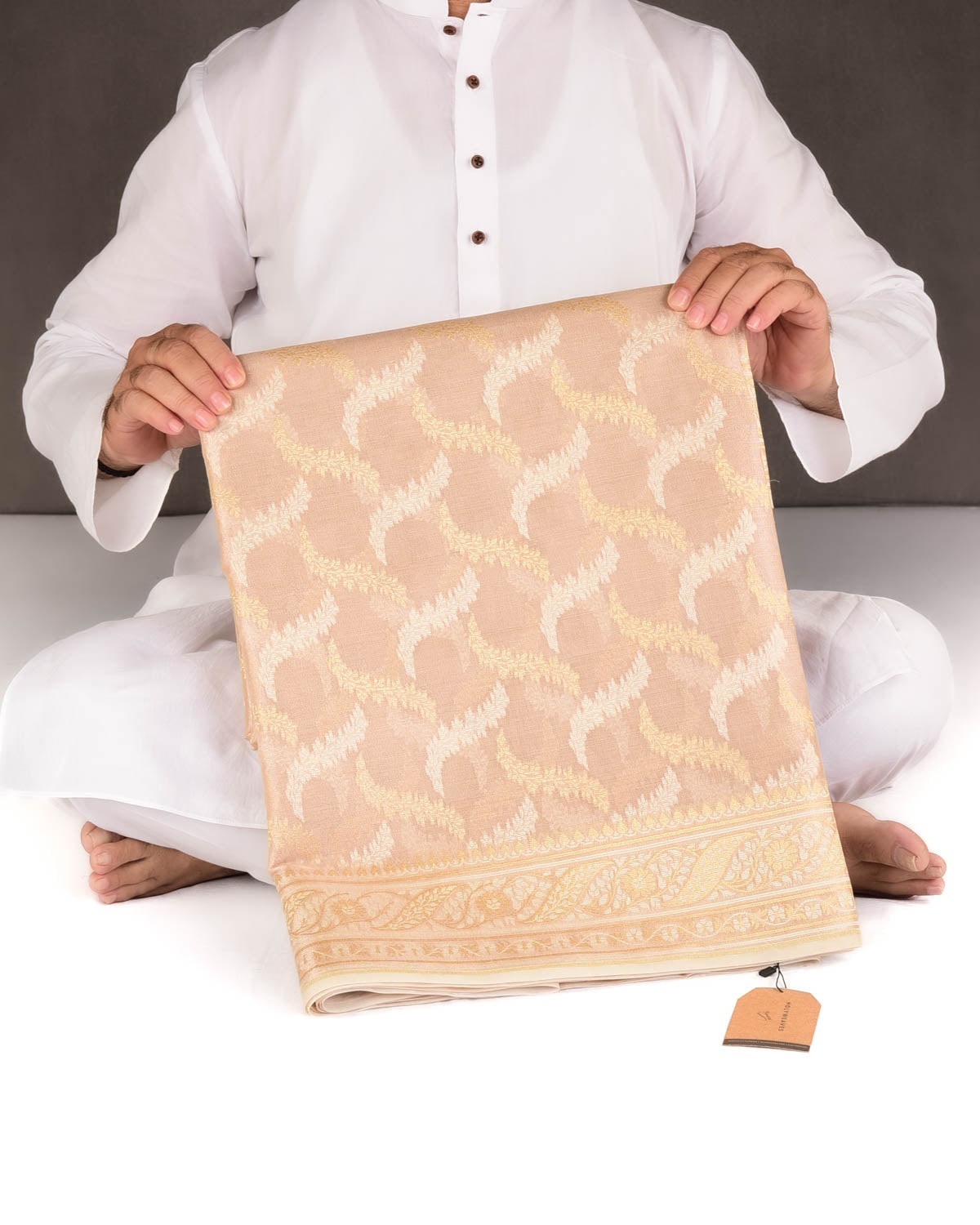 Metallic Beige Gold Zari And White Resham Jaal Cutwork Brocade Woven Art Cotton Tissue Banarasi Saree-HolyWeaves