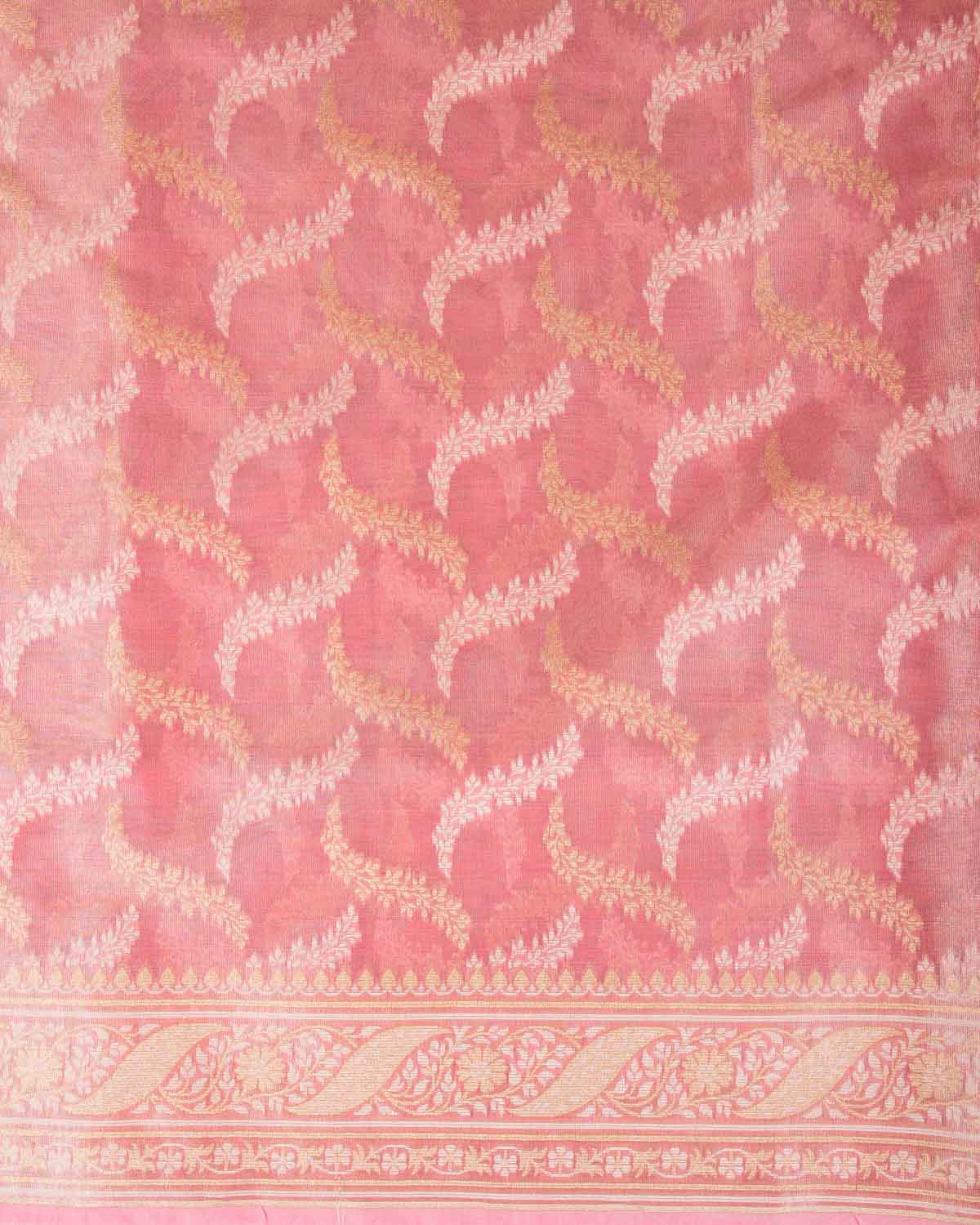 Metallic Pink Gold Zari And White Resham Jaal Cutwork Brocade Woven Art Cotton Tissue Banarasi Saree-HolyWeaves