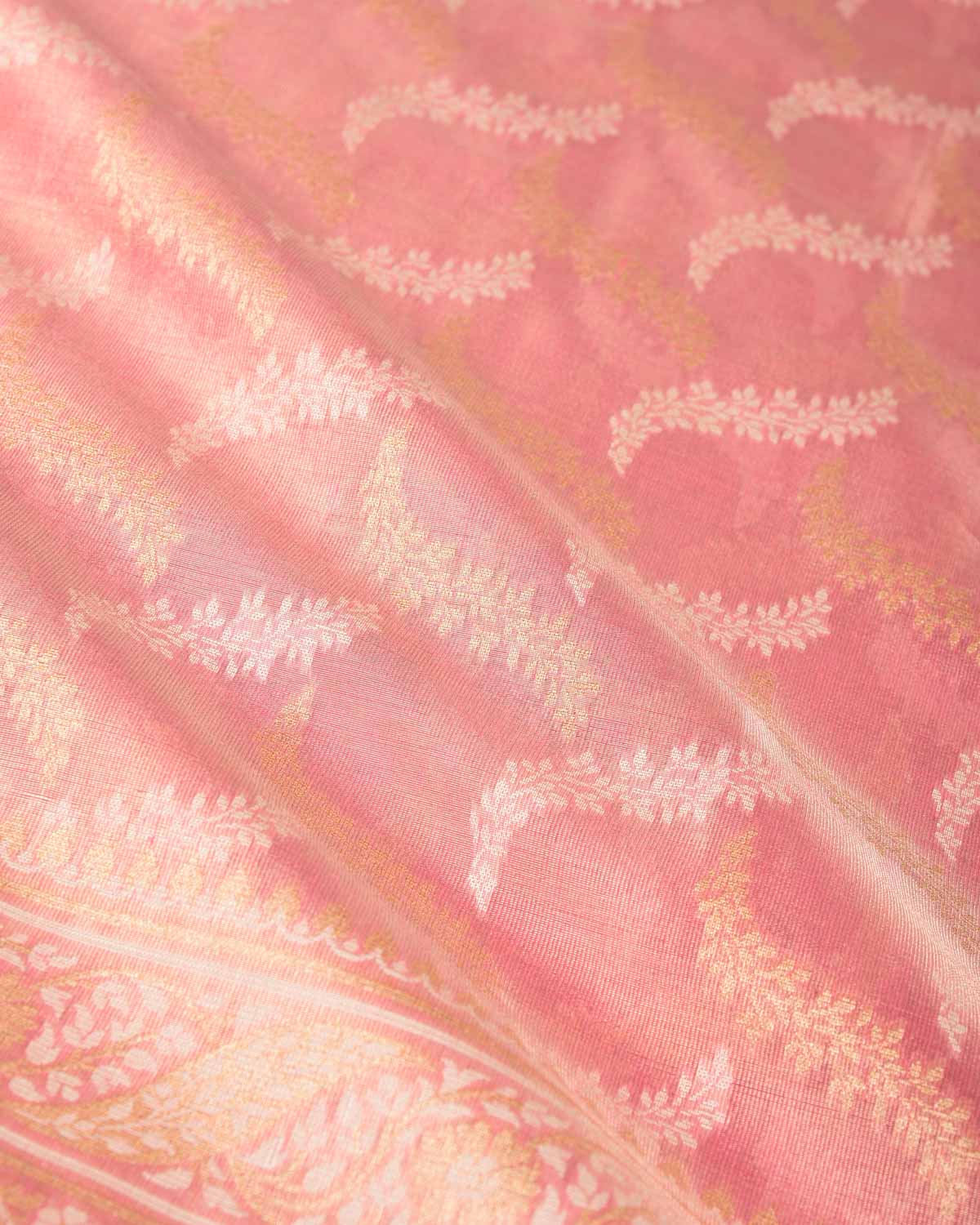 Metallic Pink Gold Zari And White Resham Jaal Cutwork Brocade Woven Art Cotton Tissue Banarasi Saree-HolyWeaves