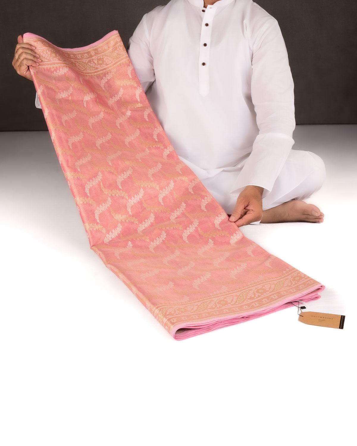 Metallic Pink Gold Zari And White Resham Jaal Cutwork Brocade Woven Art Cotton Tissue Banarasi Saree-HolyWeaves