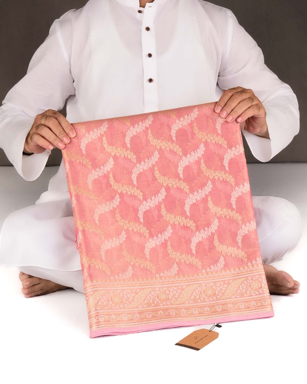 Metallic Pink Gold Zari And White Resham Jaal Cutwork Brocade Woven Art Cotton Tissue Banarasi Saree-HolyWeaves
