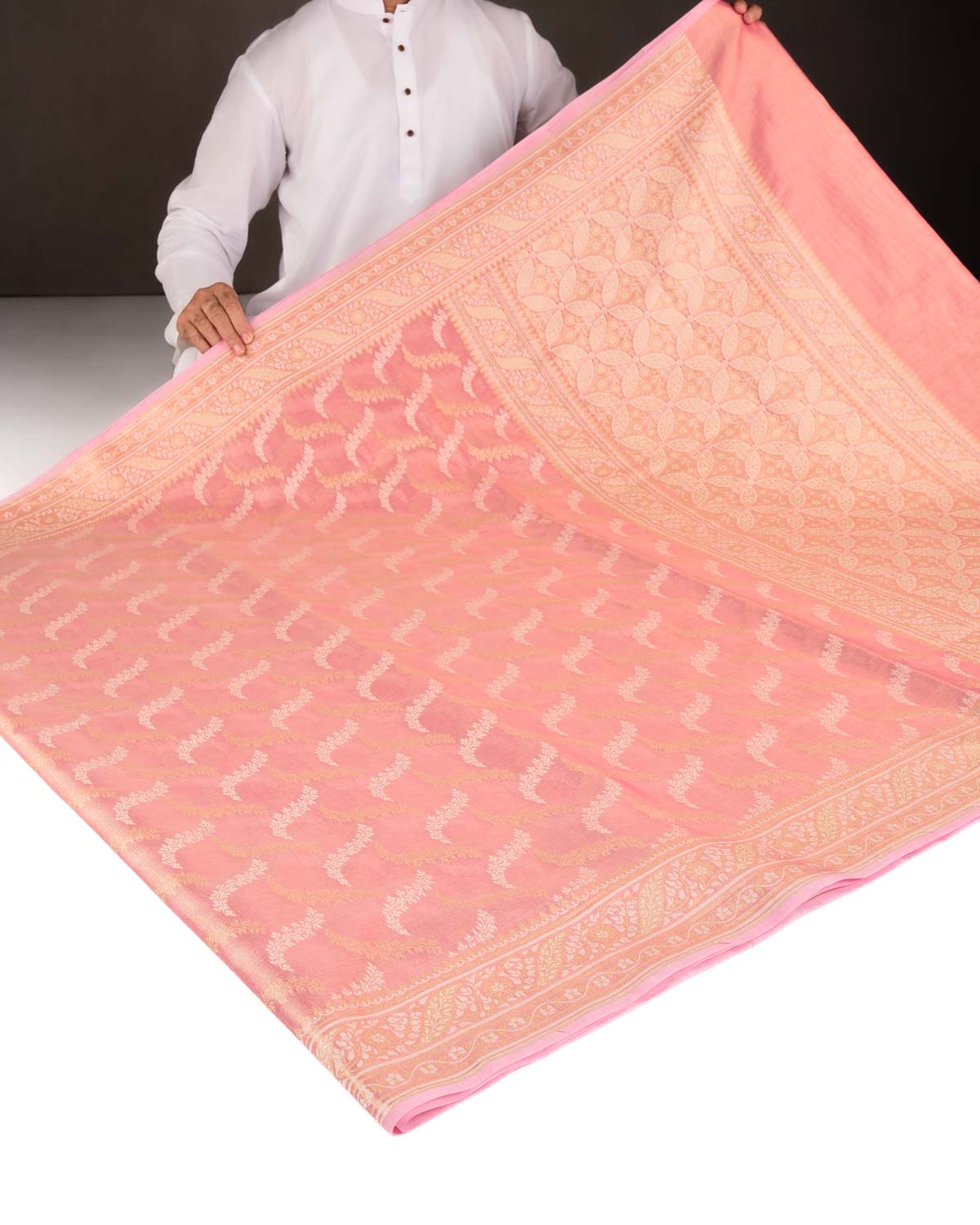 Metallic Pink Gold Zari And White Resham Jaal Cutwork Brocade Woven Art Cotton Tissue Banarasi Saree-HolyWeaves
