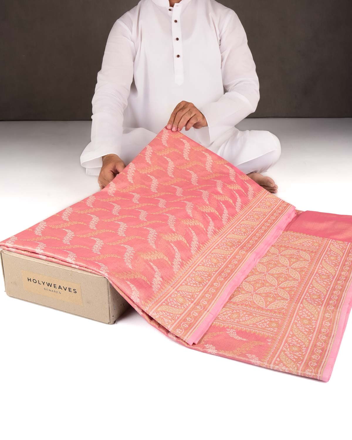 Metallic Pink Gold Zari And White Resham Jaal Cutwork Brocade Woven Art Cotton Tissue Banarasi Saree-HolyWeaves